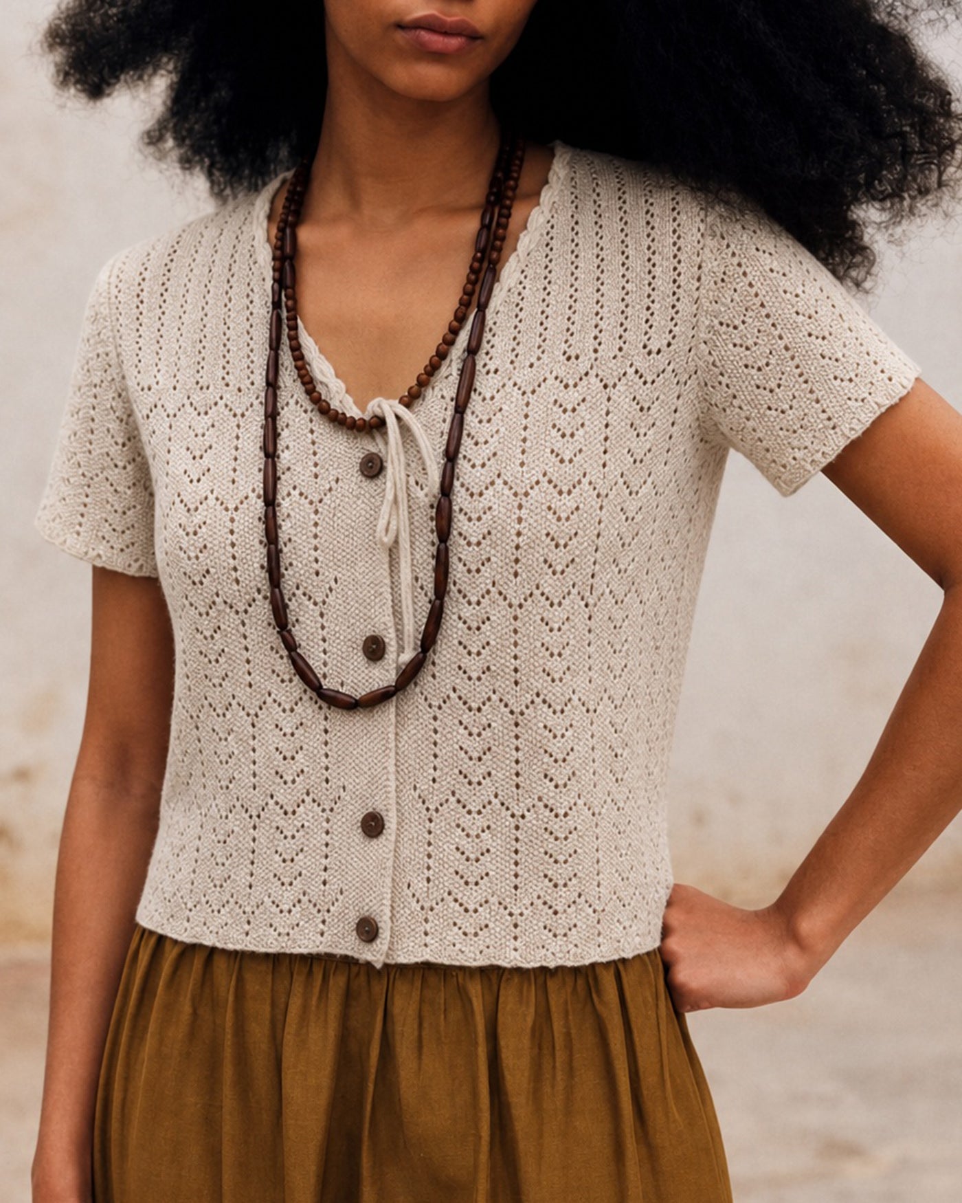 Beige V Neck Textured Button Knit Cardigan