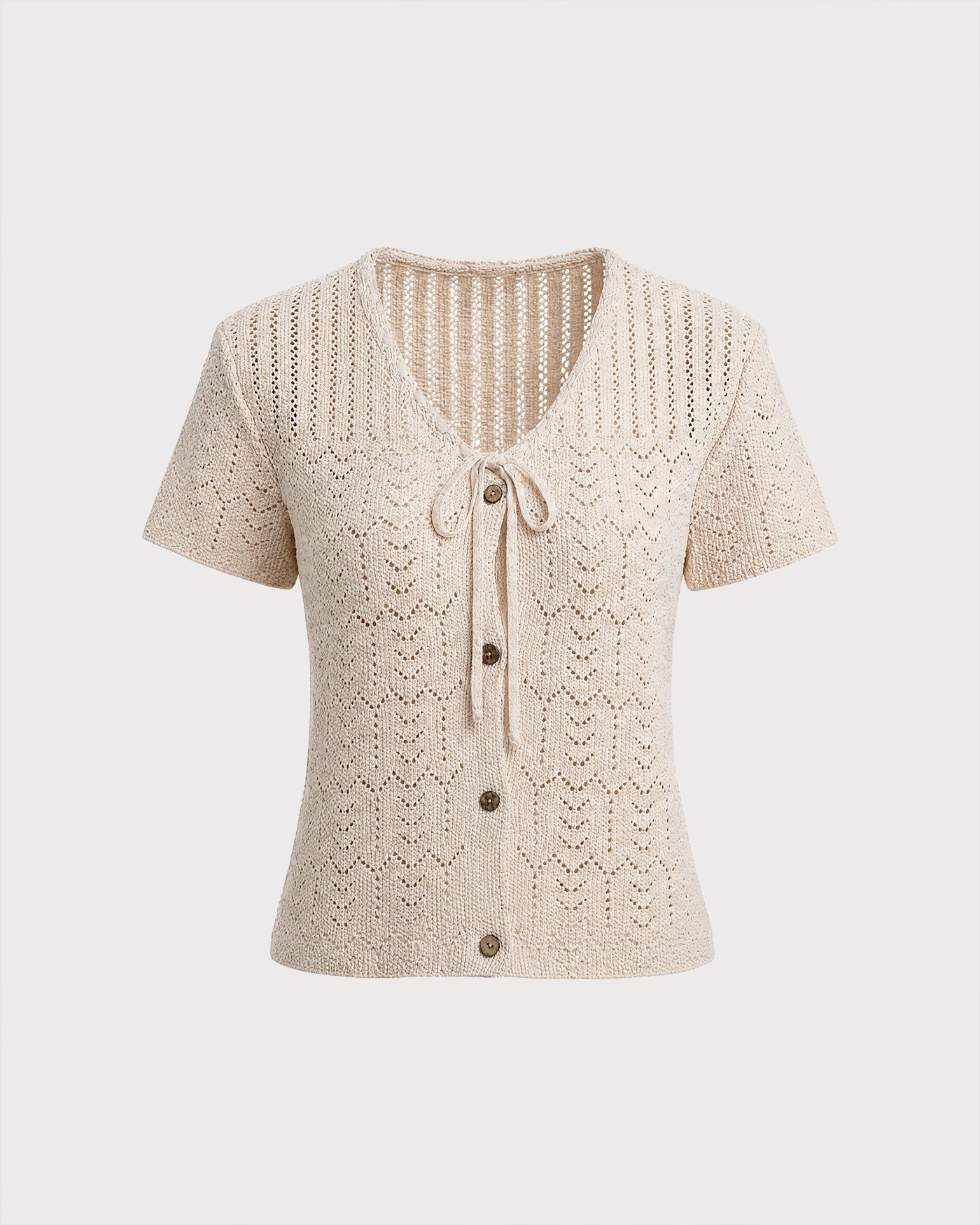 Beige V Neck Textured Button Knit Cardigan