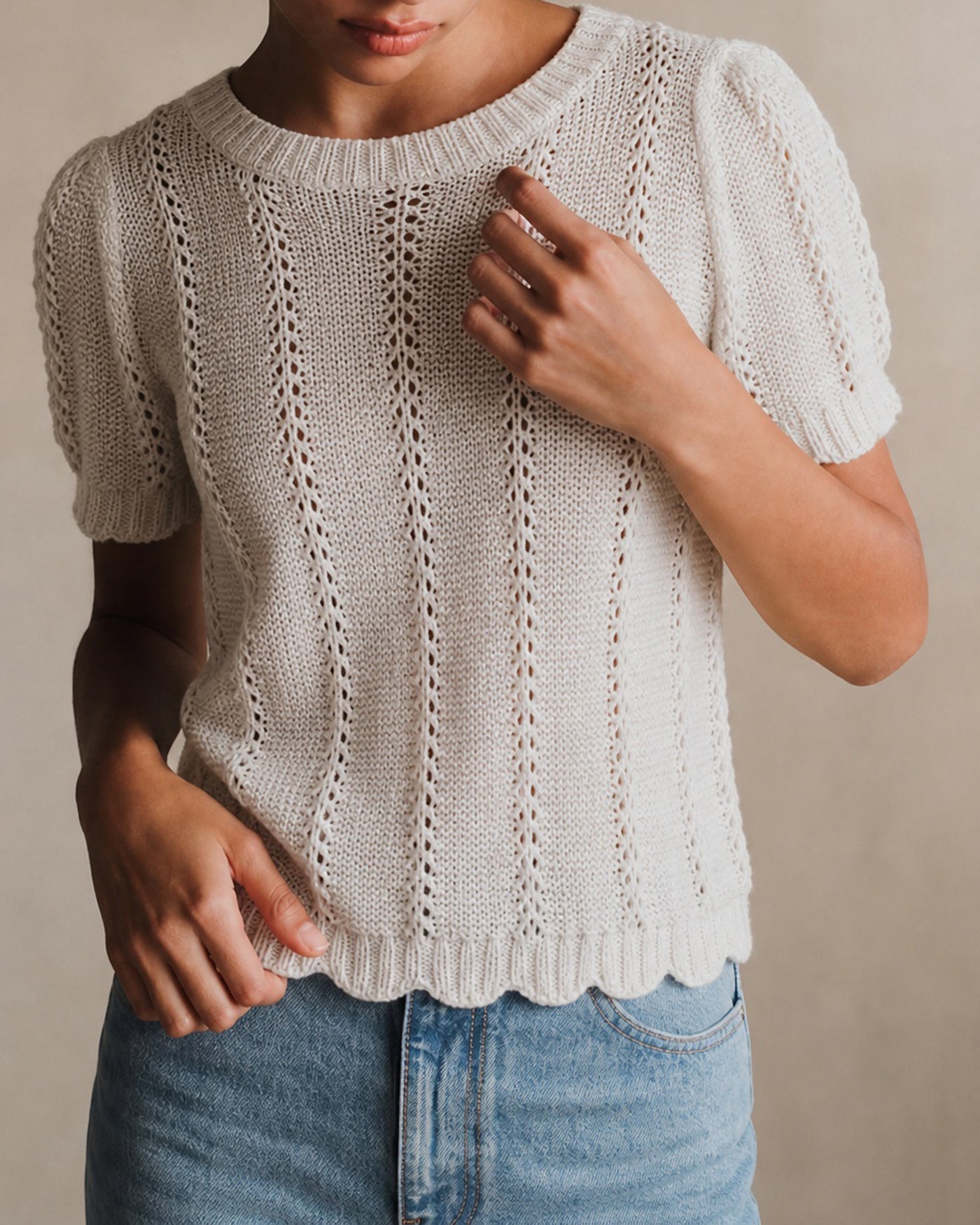 White Round Neck Textured Knit Sweater