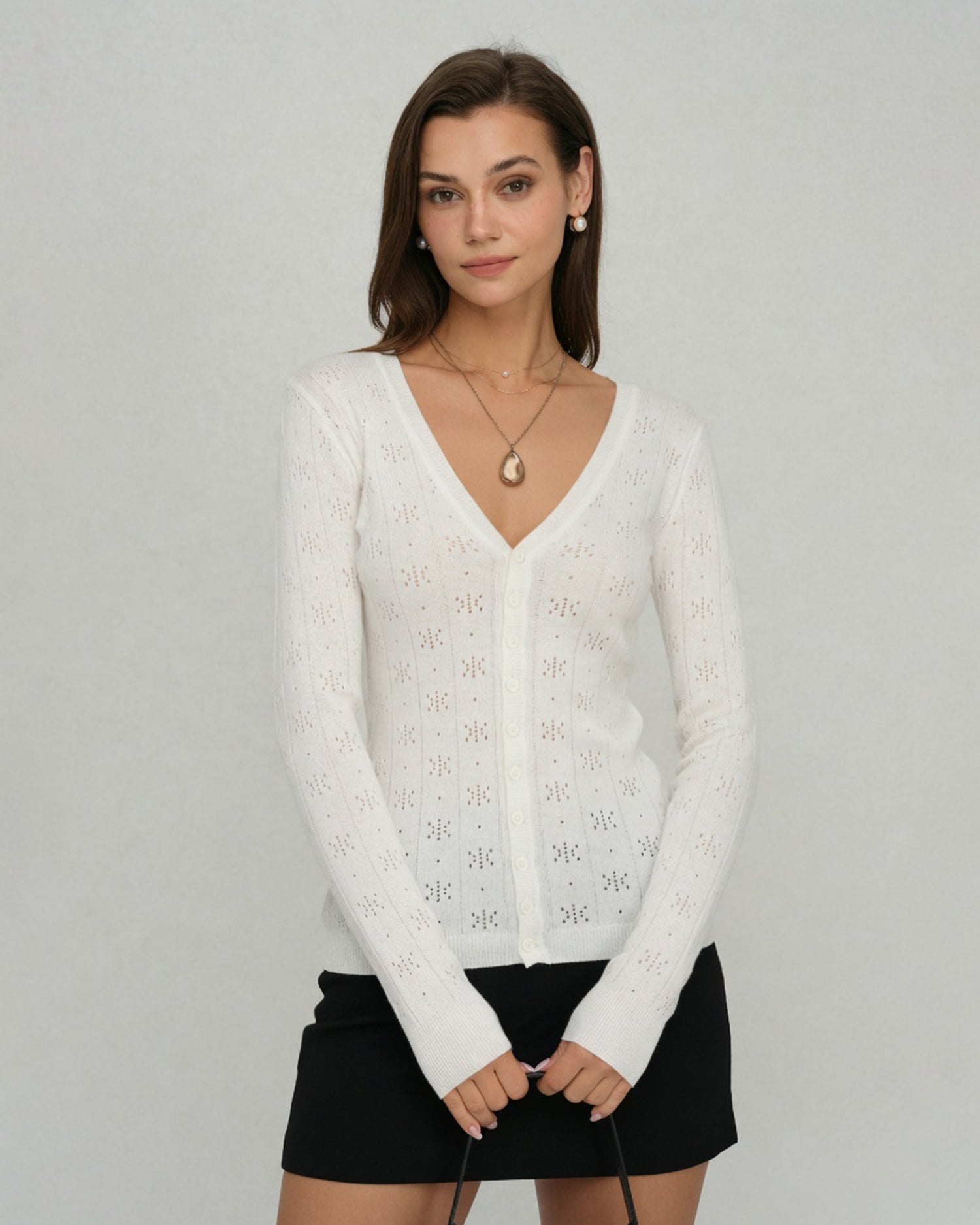 White Cut Out Textured Knit Cardigan