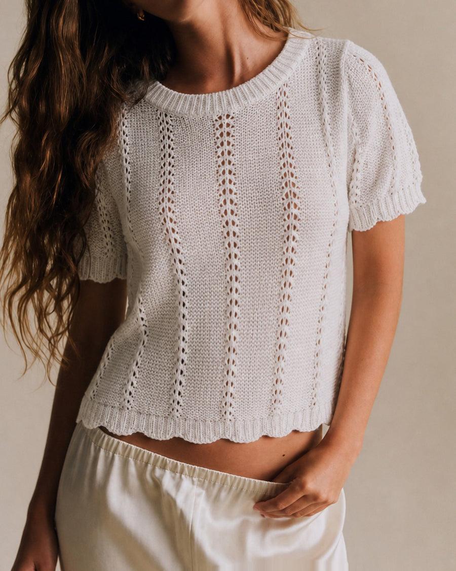 White Round Neck Textured Knit Sweater