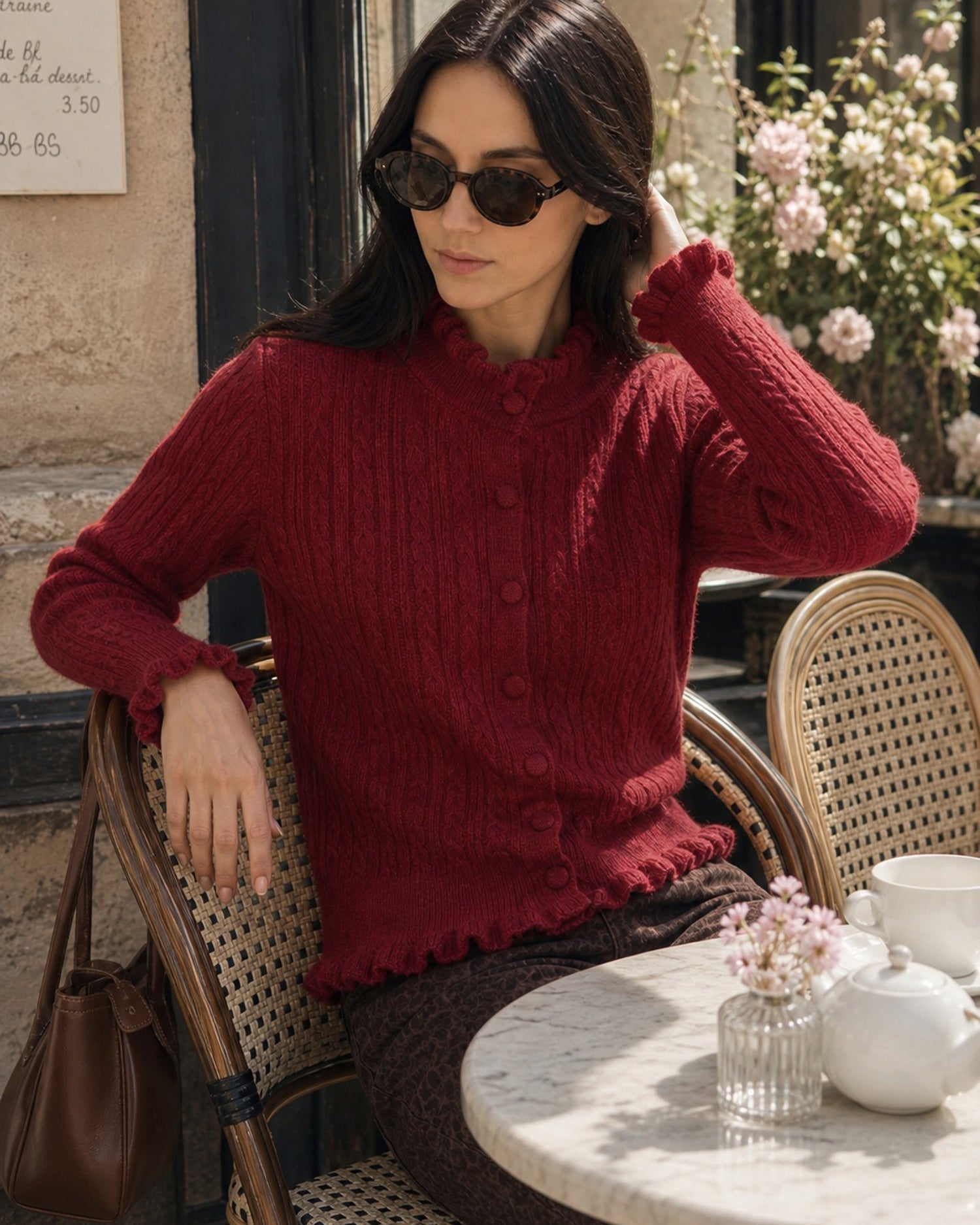 Wine Red Ruffled Button Knit Cardigan