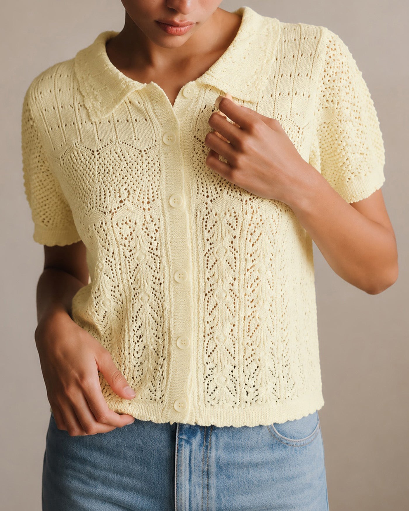 Yellow Collar Textured Button Knit Cardigan