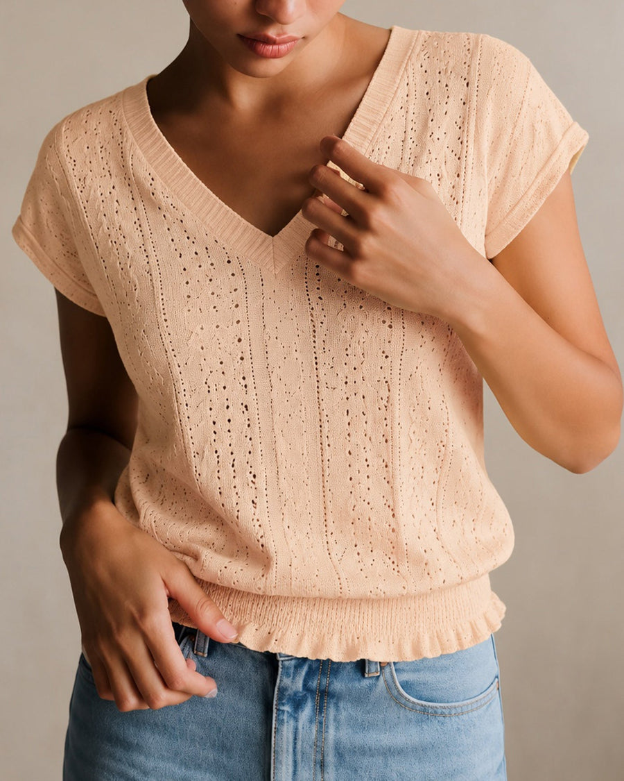 Yellow V Neck Ruched Textured Tee