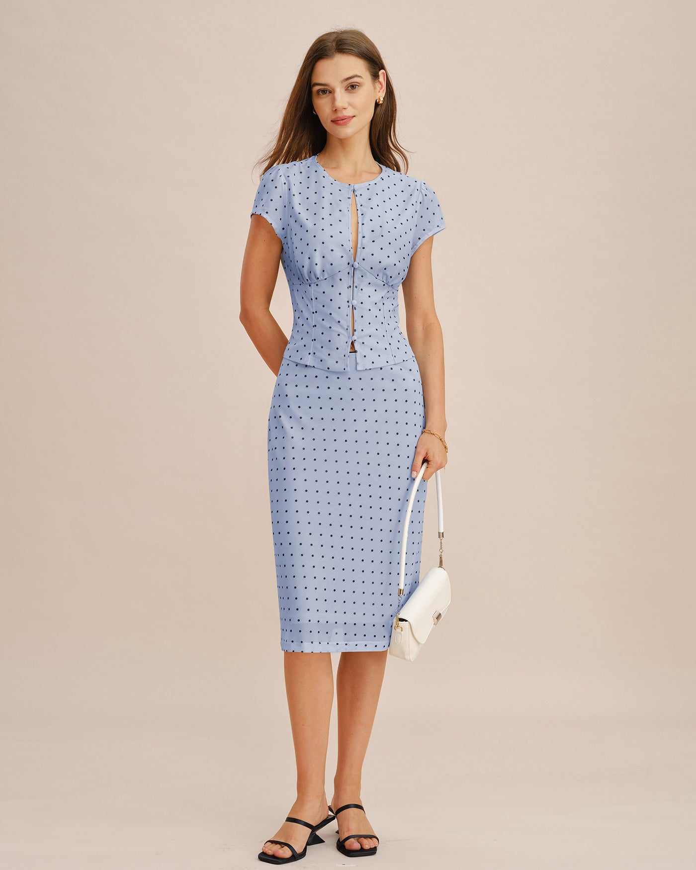 Blue Round Neck Polka Dot Button Tee