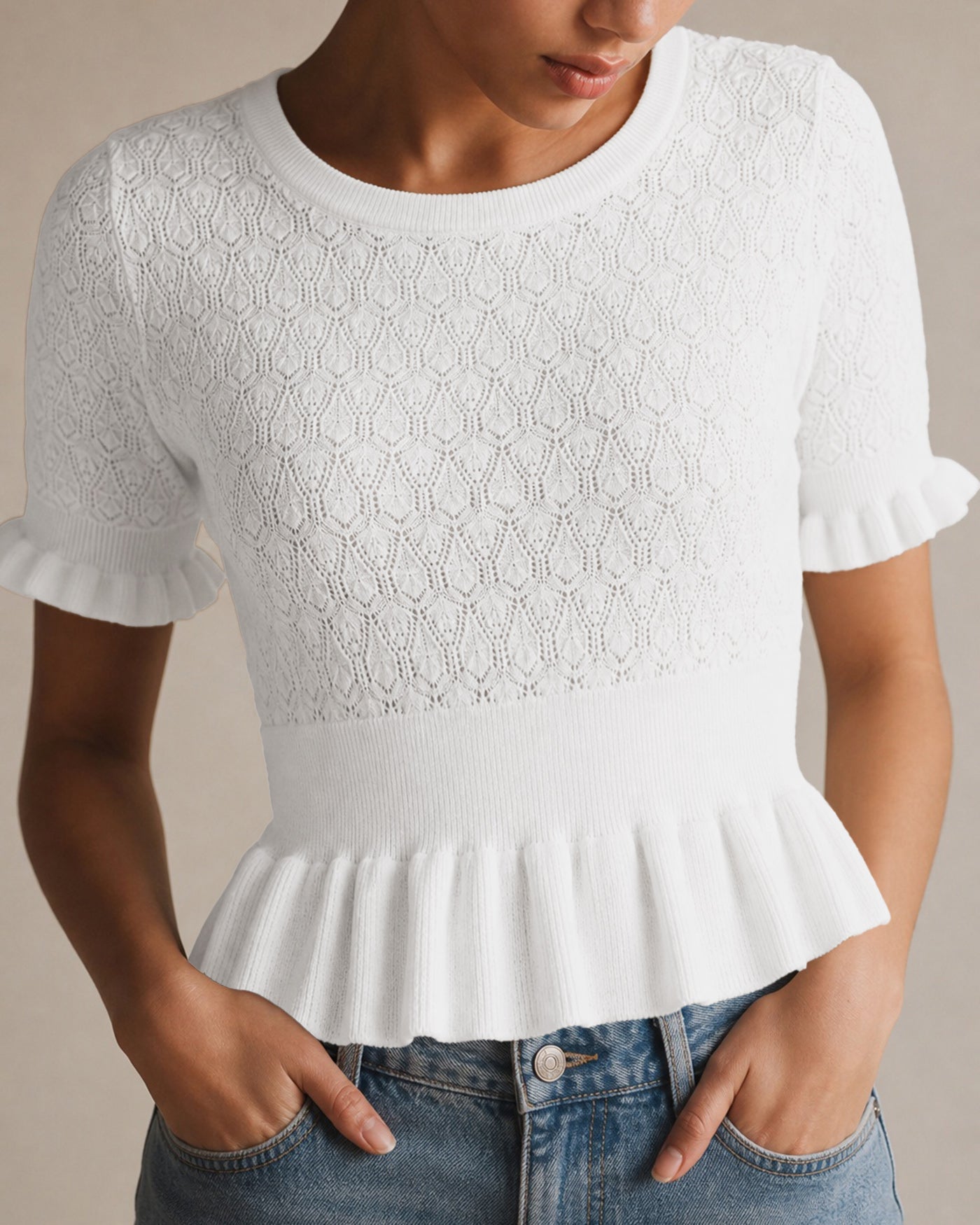 White Round Neck Textured Sweater