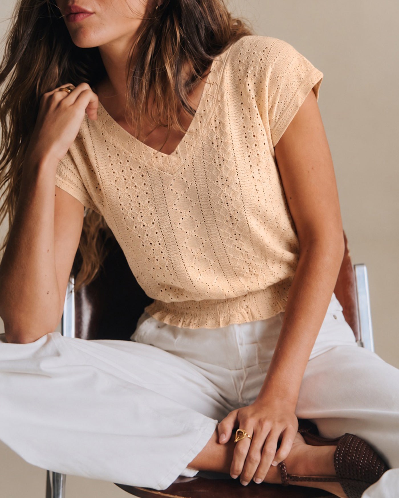 Yellow V Neck Ruched Textured Tee