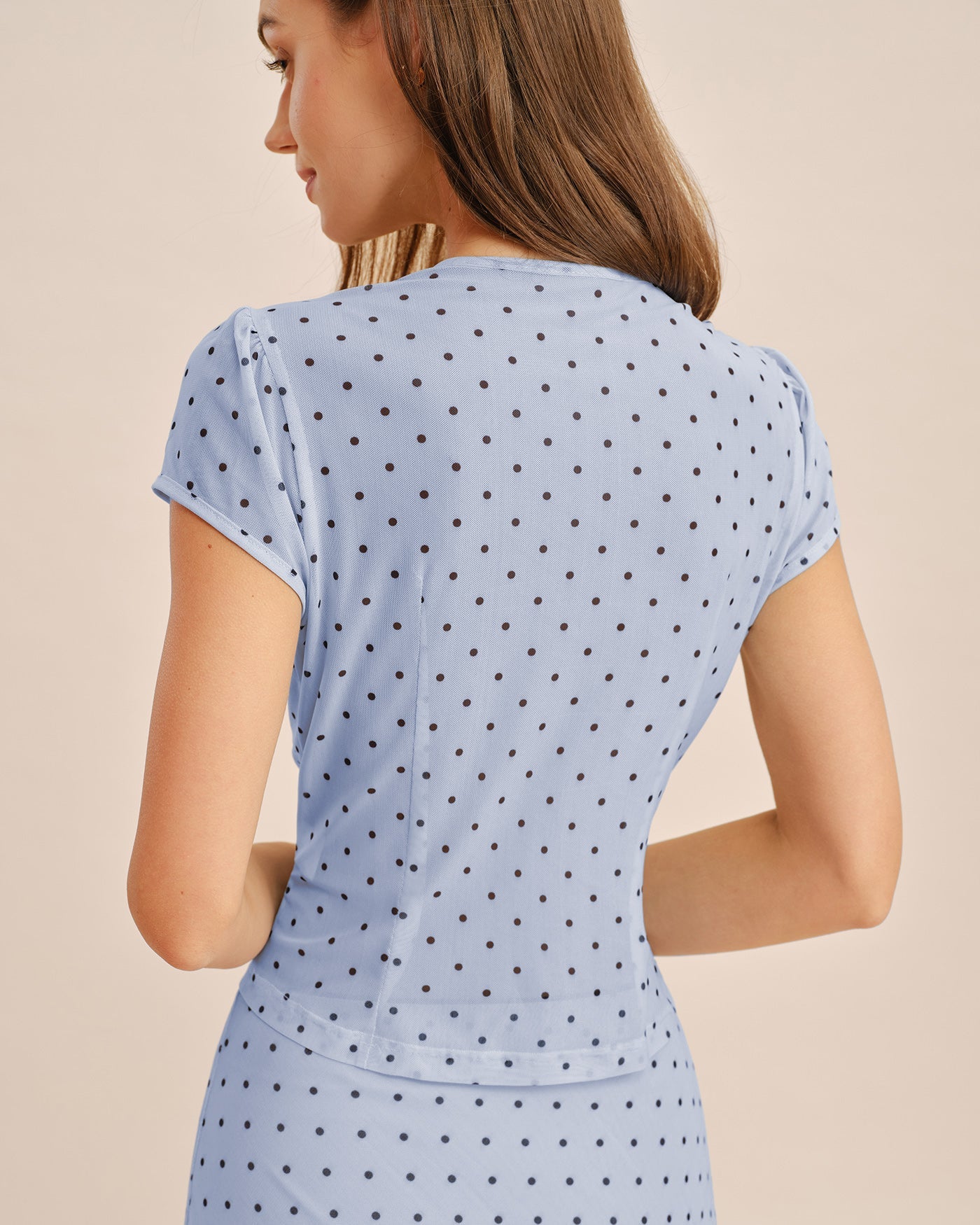 Blue Round Neck Polka Dot Button Tee