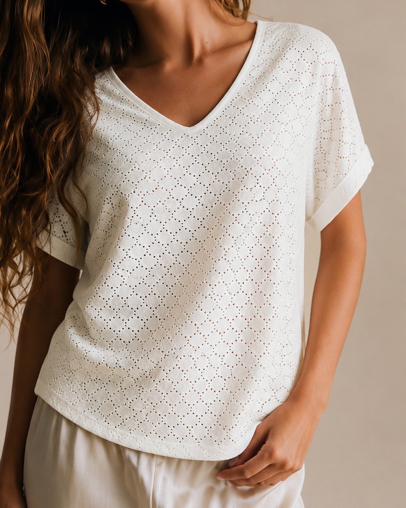 White V Neck Cut Out Textured Tee