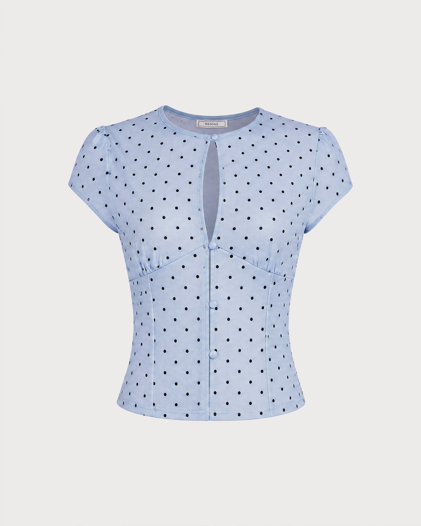 Blue Round Neck Polka Dot Button Tee