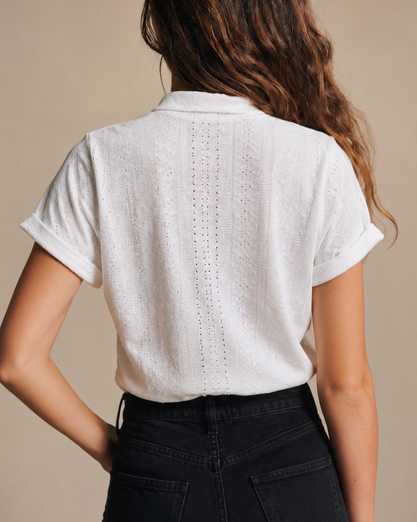 White V Neck Textured Cut Out Tee