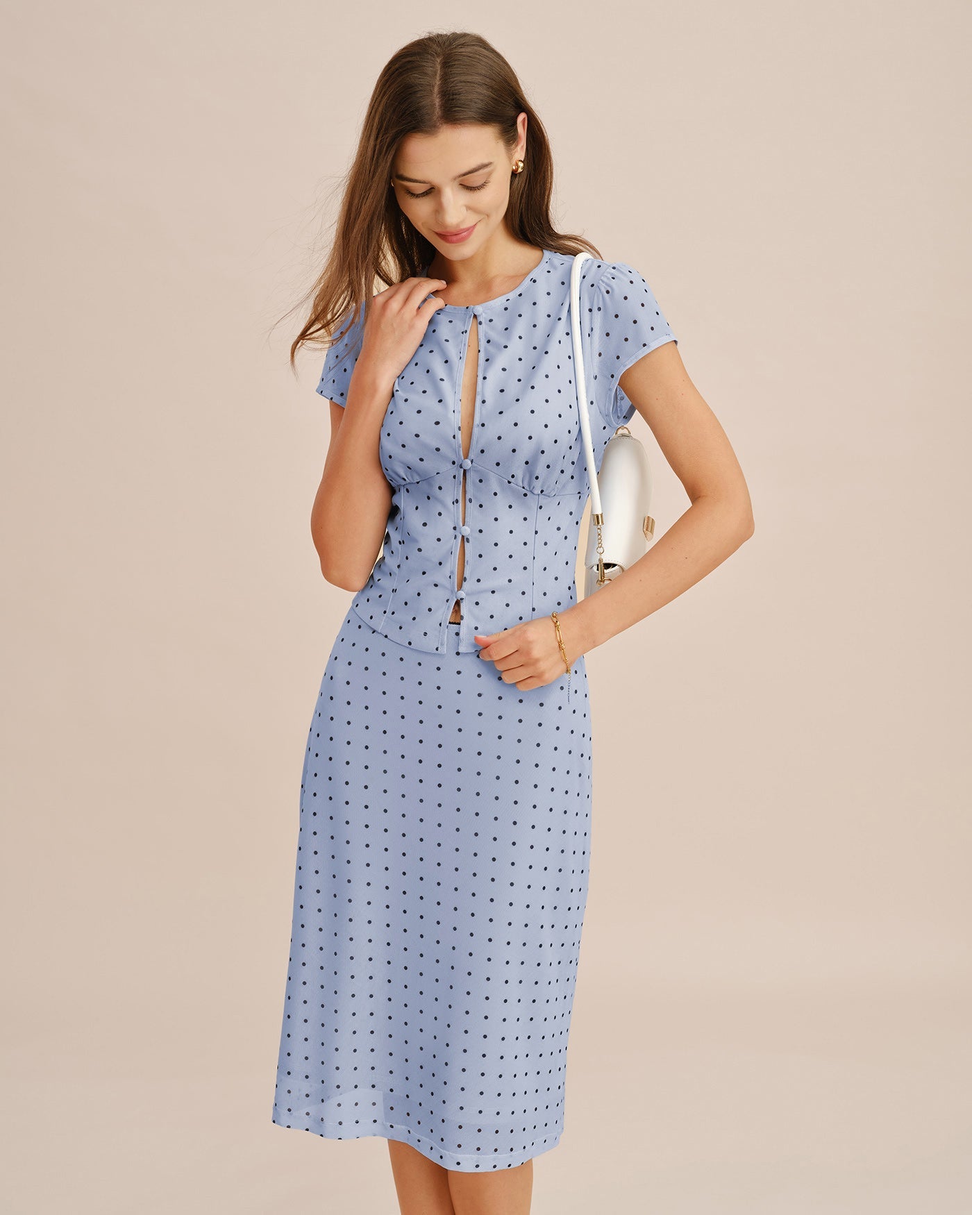 Blue Round Neck Polka Dot Button Tee