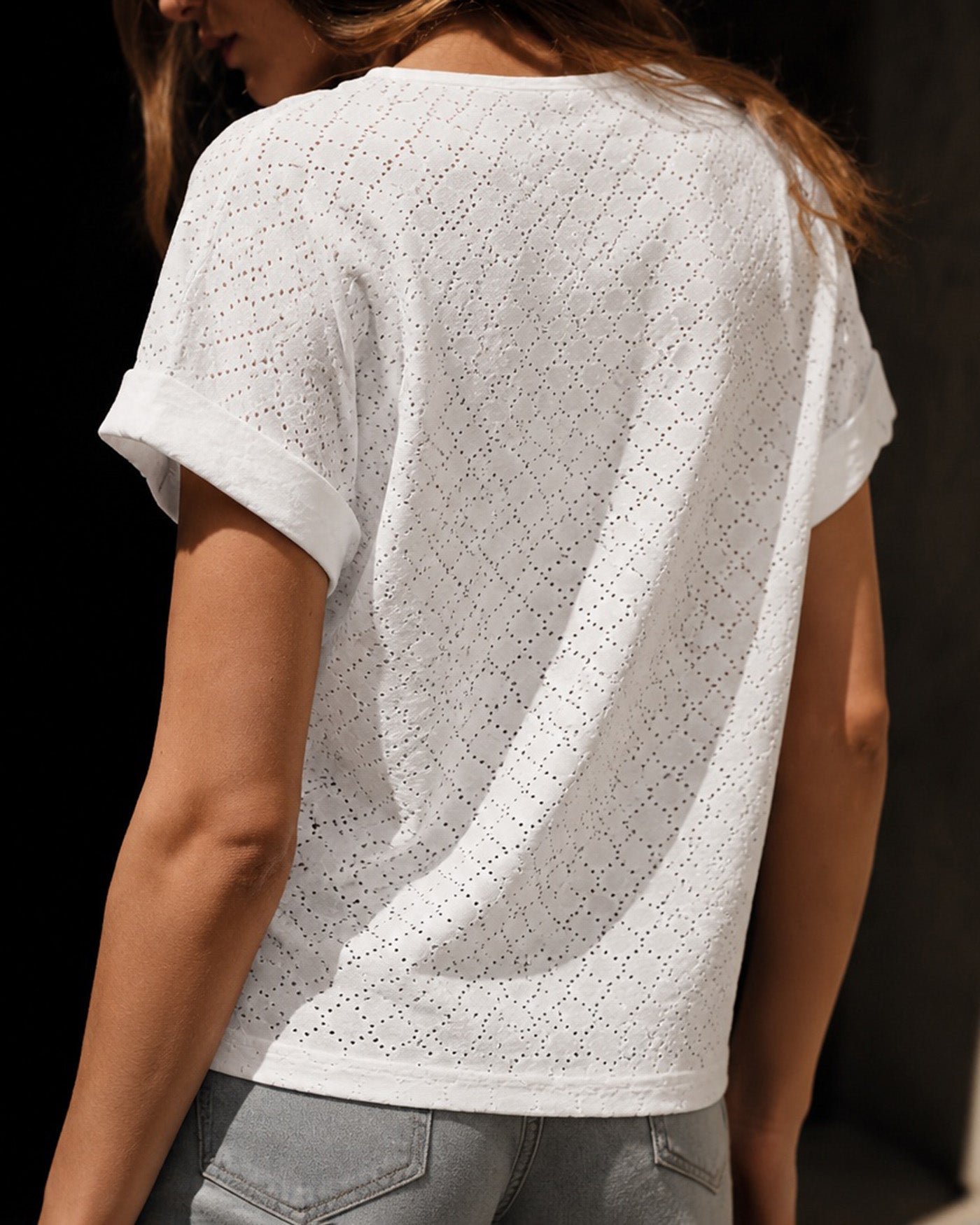 White V Neck Cut Out Textured Tee