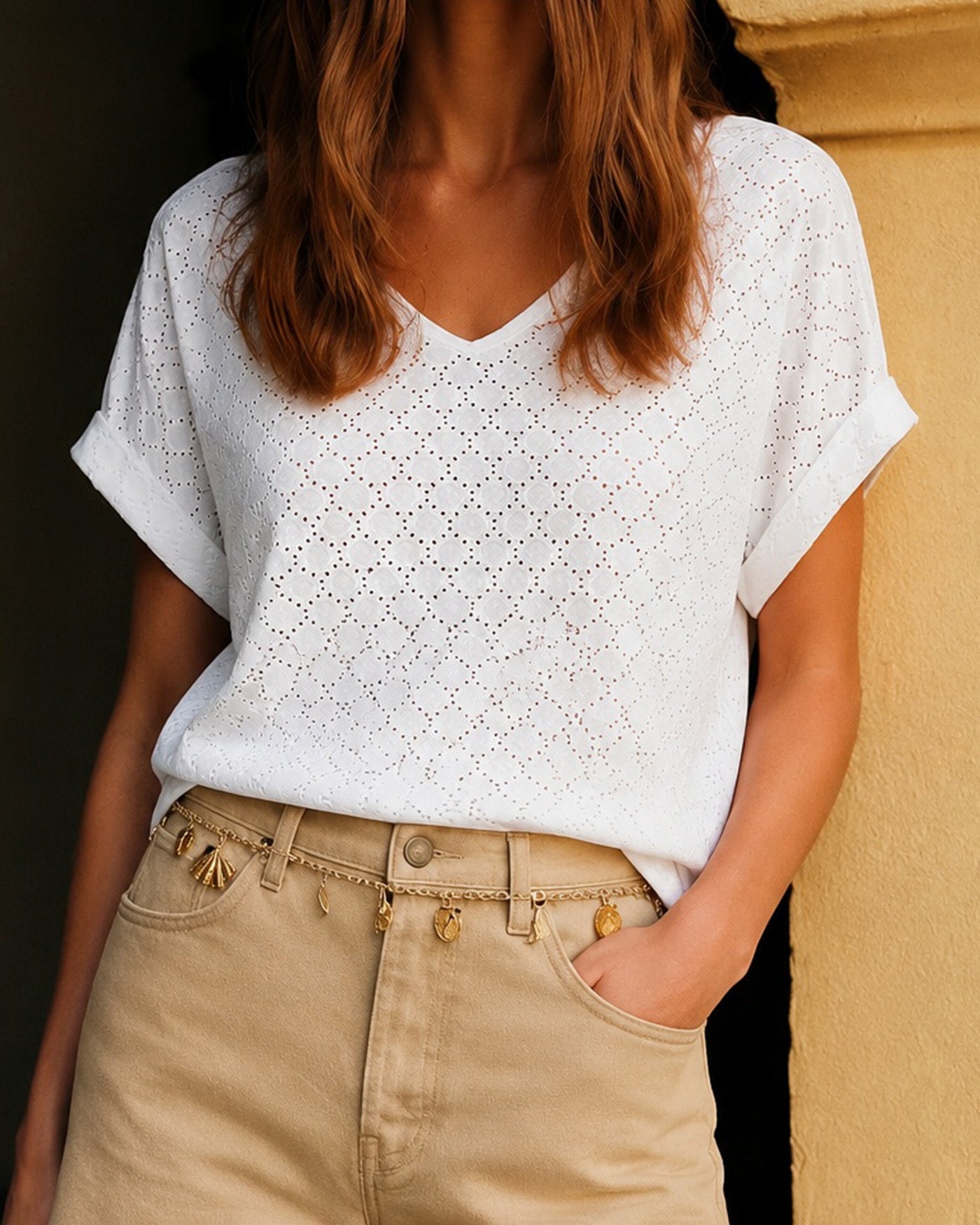 White V Neck Cut Out Textured Tee