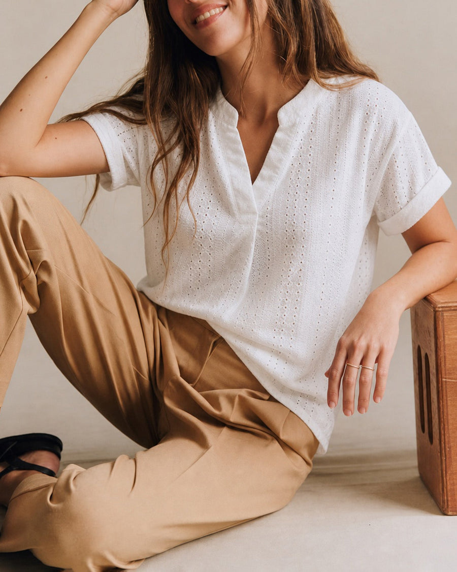 White V Neck Textured Cut Out Tee