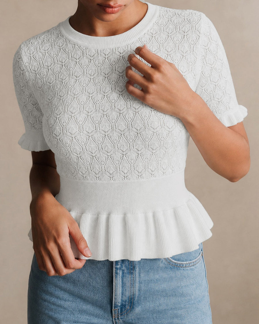 White Round Neck Textured Sweater