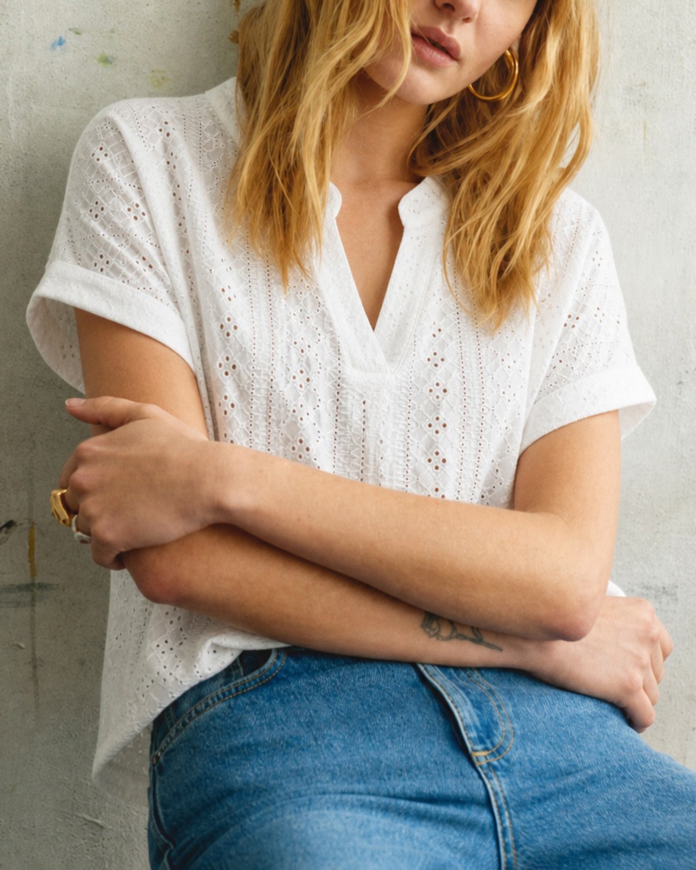 White V Neck Textured Cut Out Tee