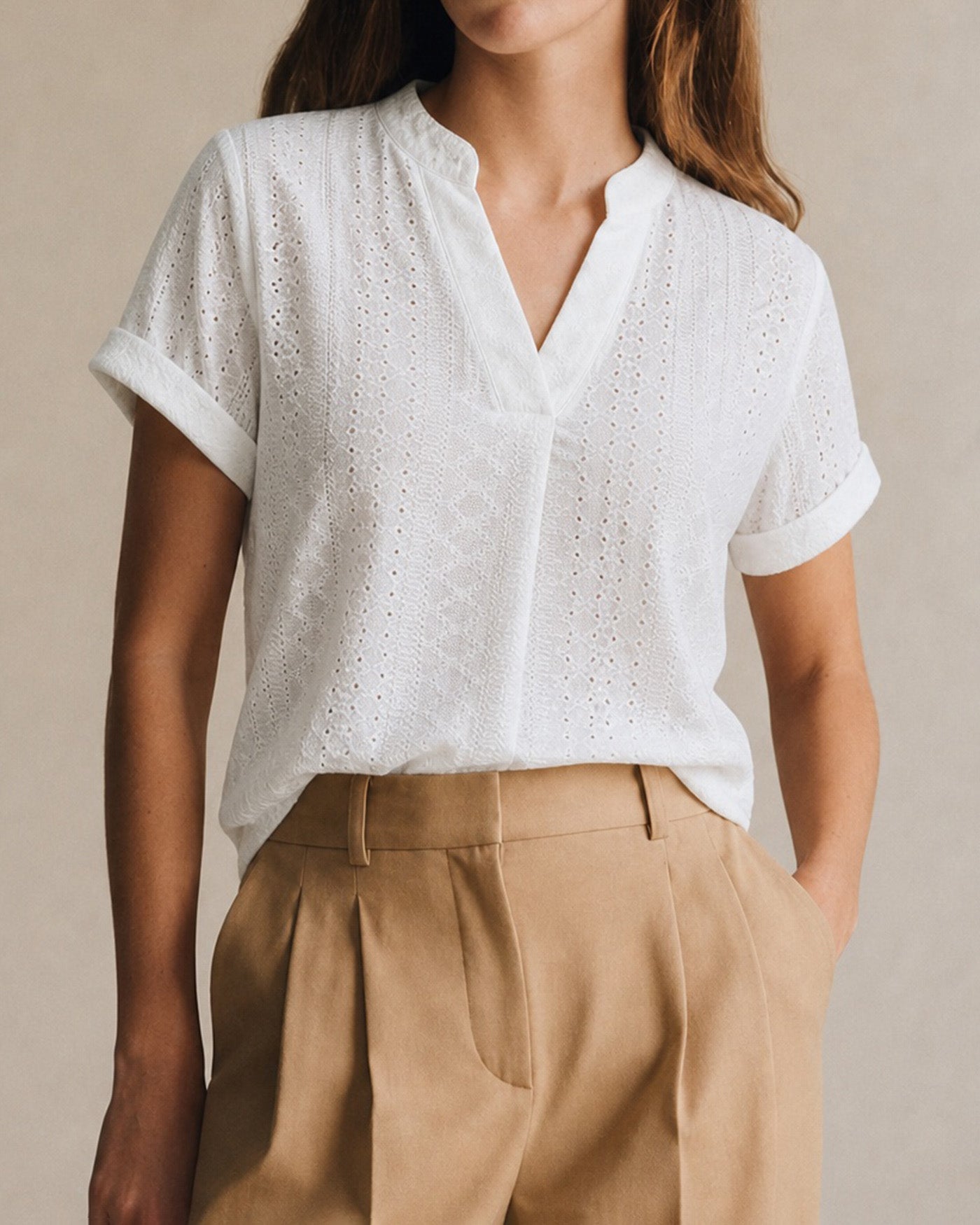 White V Neck Textured Cut Out Tee