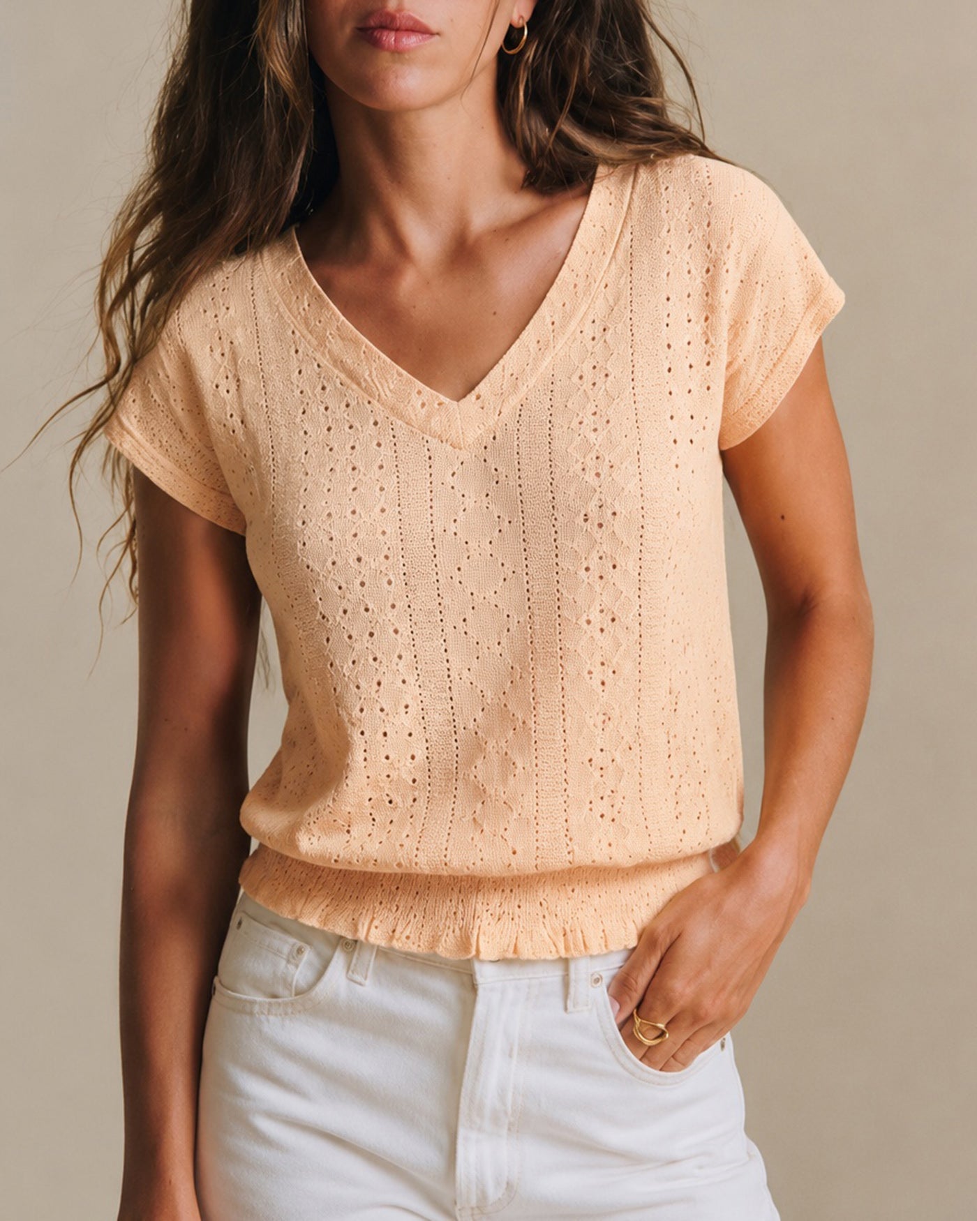 Yellow V Neck Ruched Textured Tee