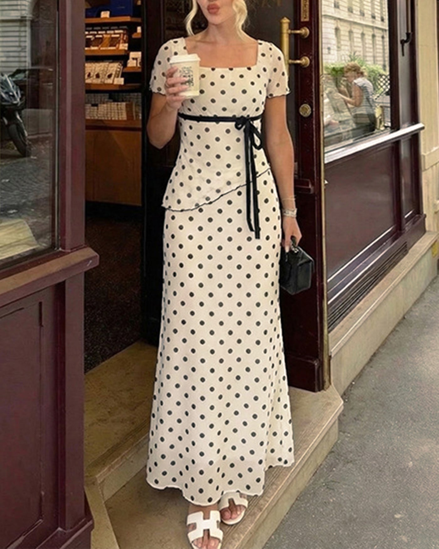 Apricot Square Neck Polka Dot Two-Piece Set