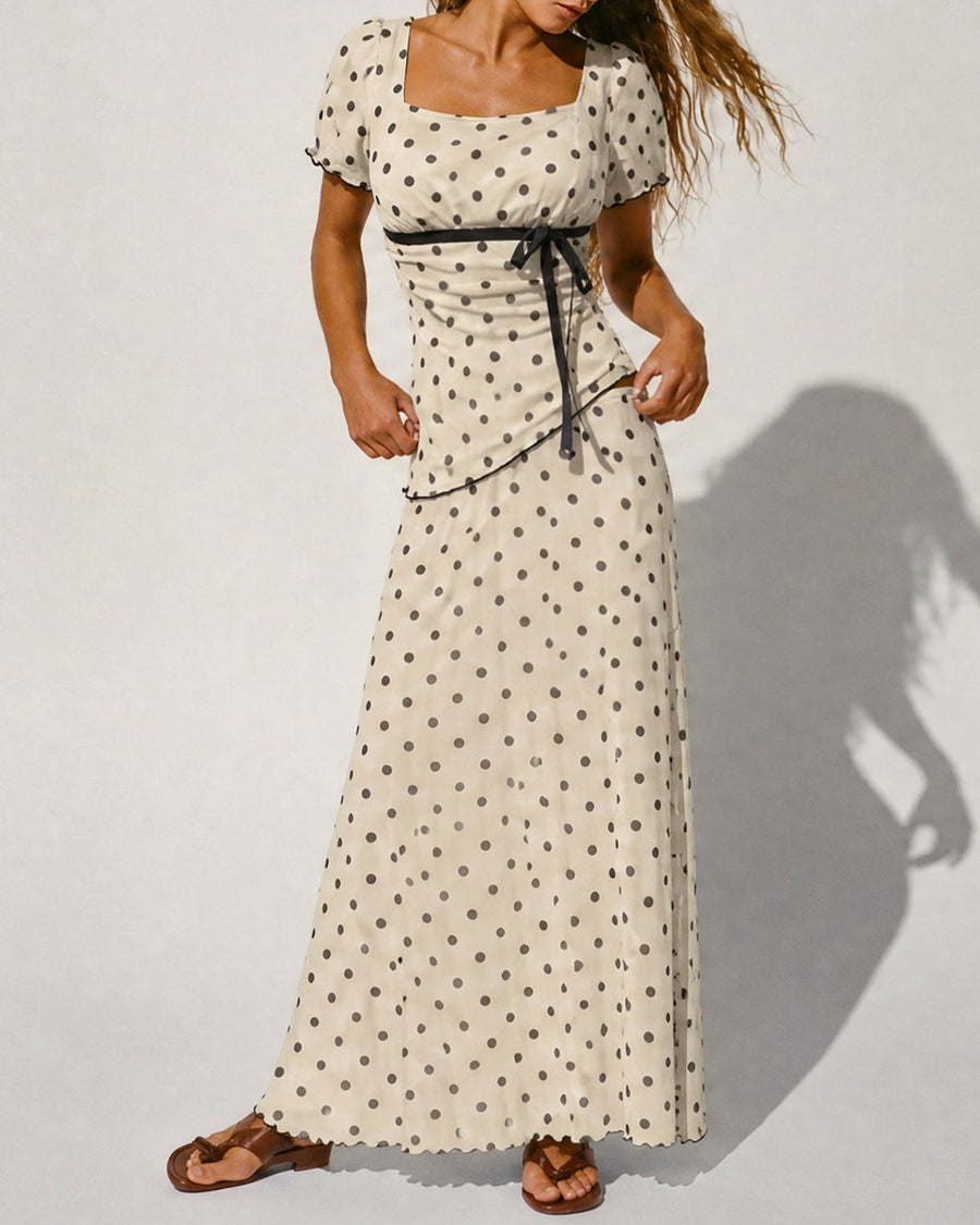 Apricot Square Neck Polka Dot Two-Piece Set