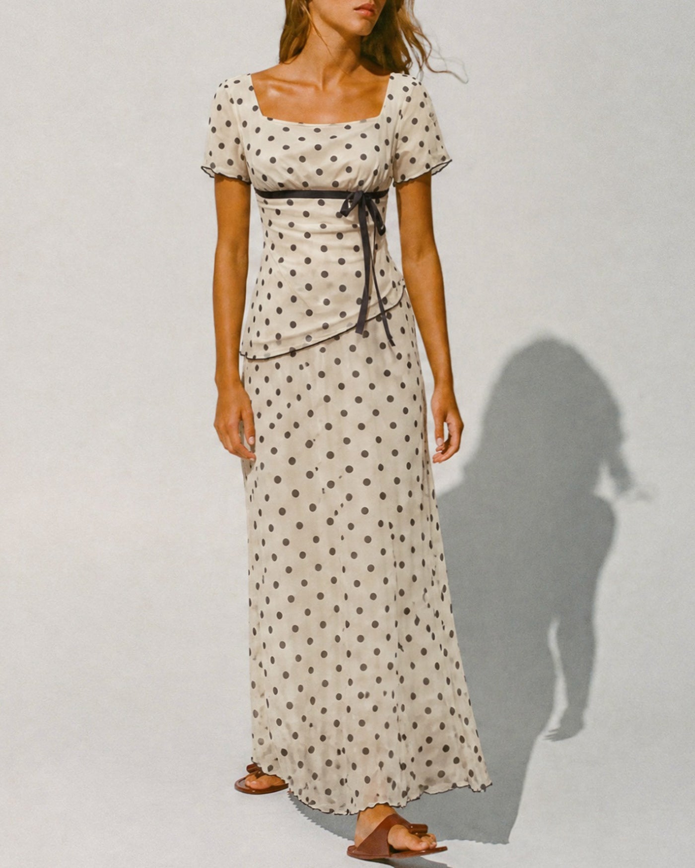 Apricot Square Neck Polka Dot Two-Piece Set
