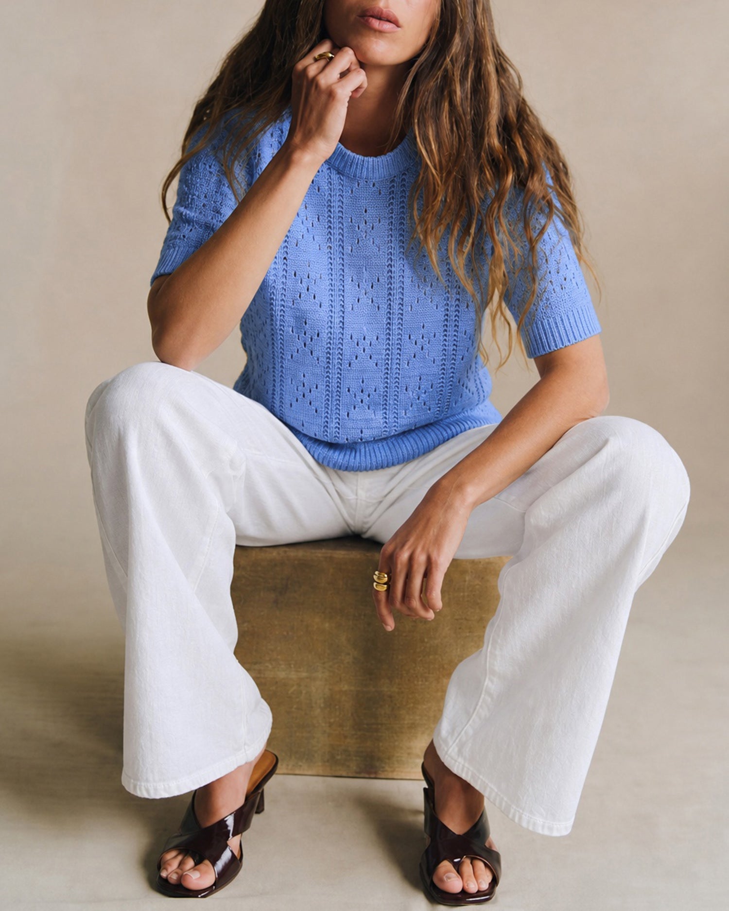 Blue Cut Out Textured Sweater