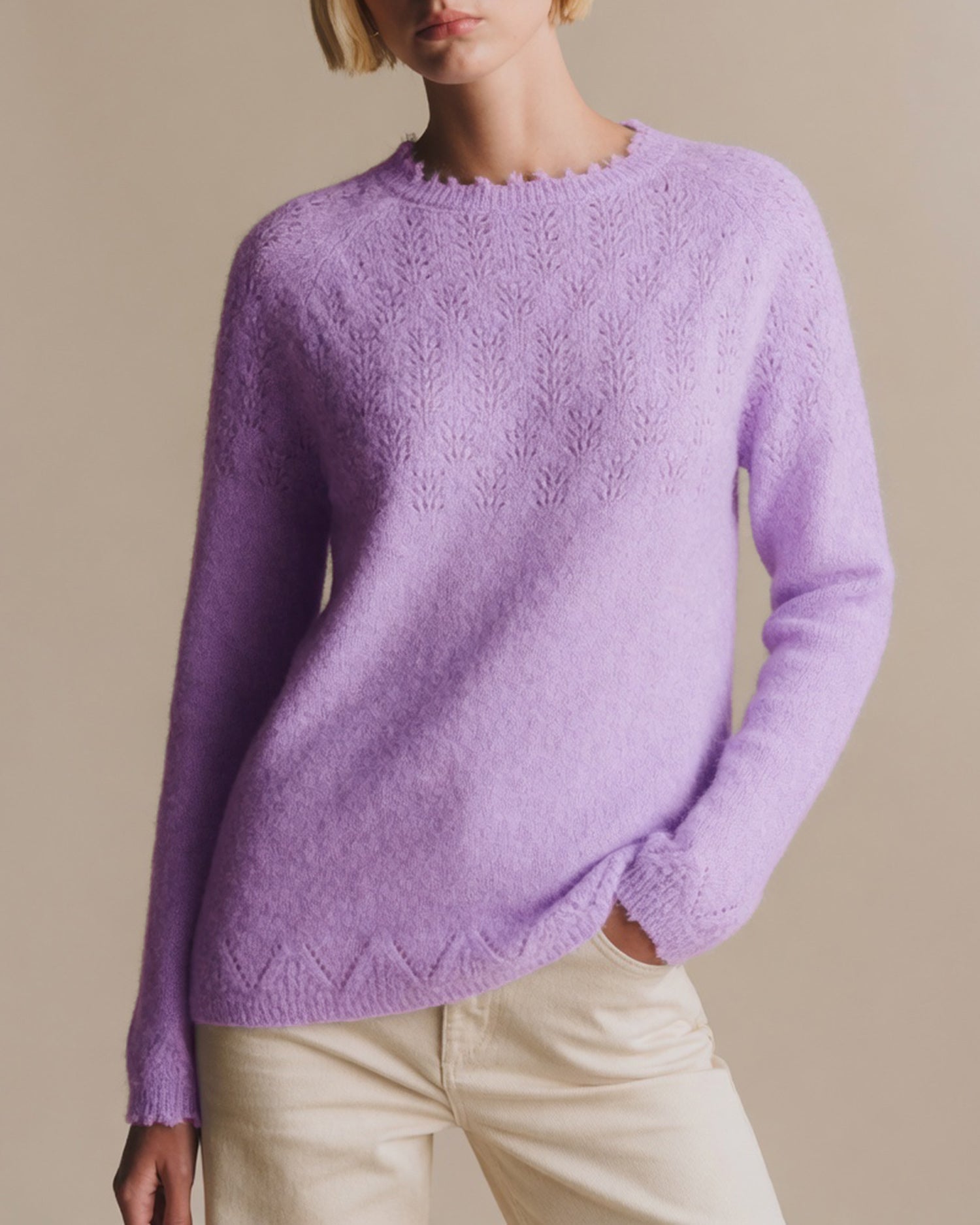 Purple Round Neck Cut Out Knit Sweater