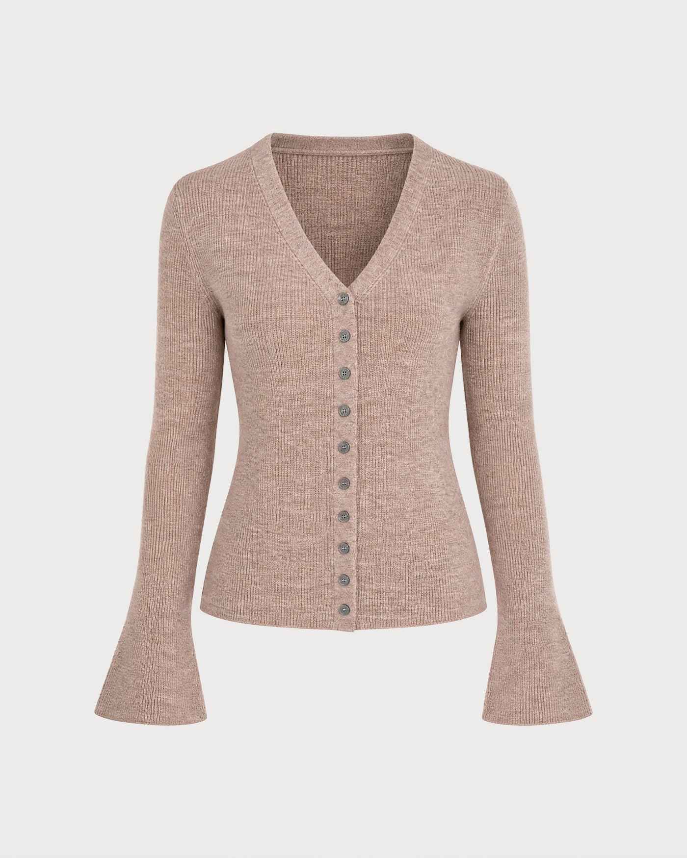 Camel V Neck Bell Sleeve Knit Cardigan
