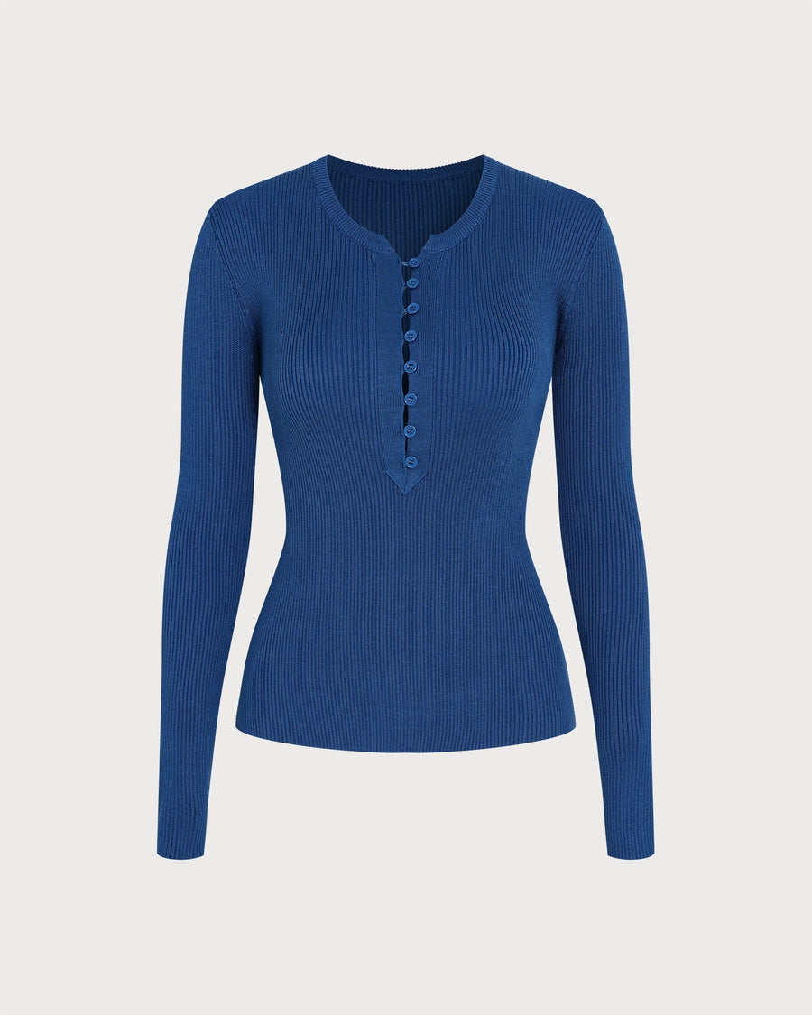 Blue Round Neck Textured Knit Sweater