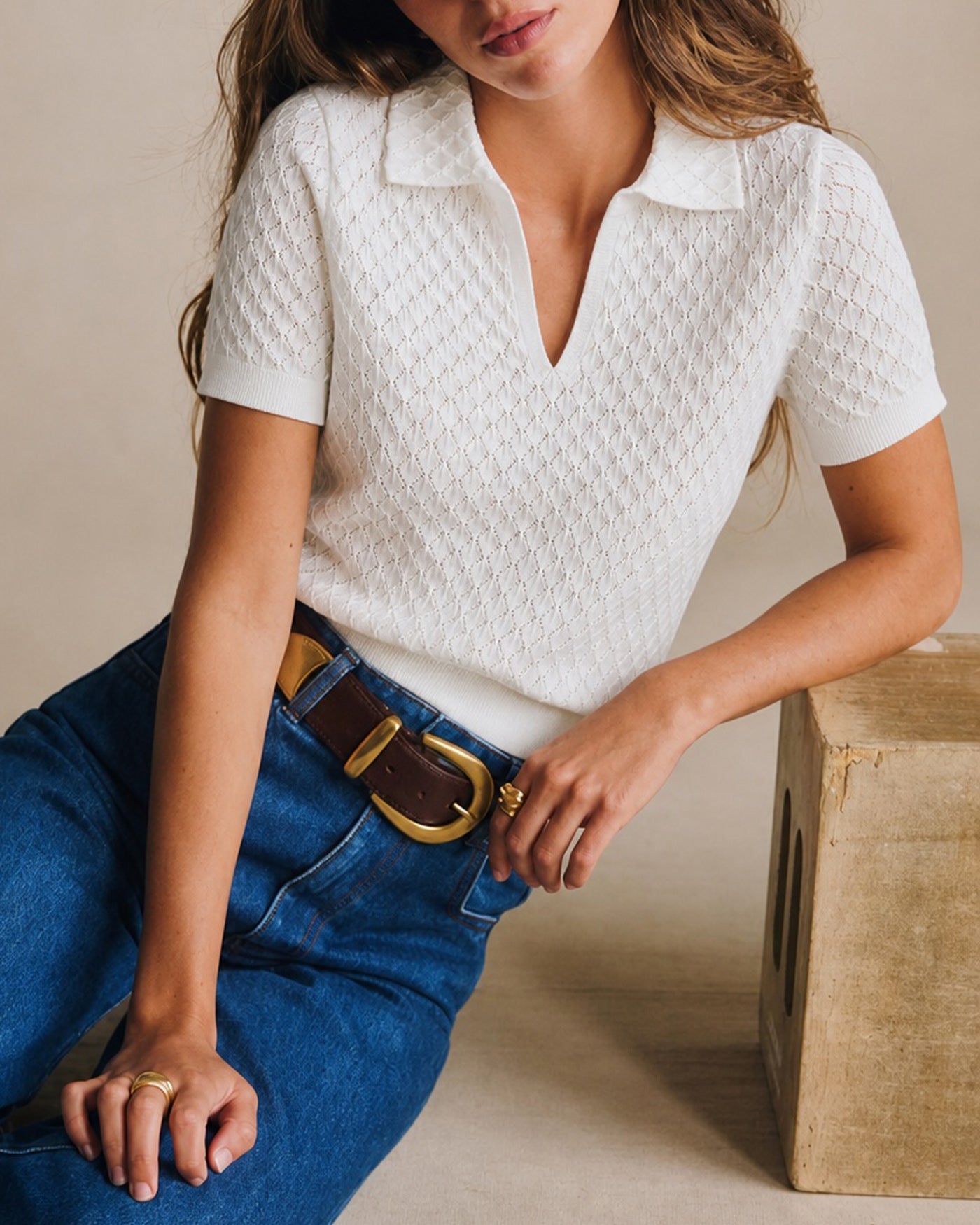 White Cut Out Textured Tee