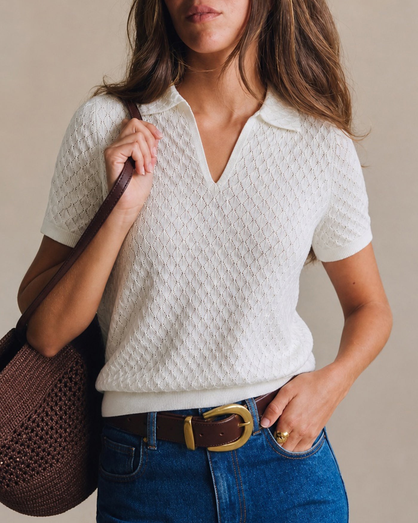 White Cut Out Textured Tee