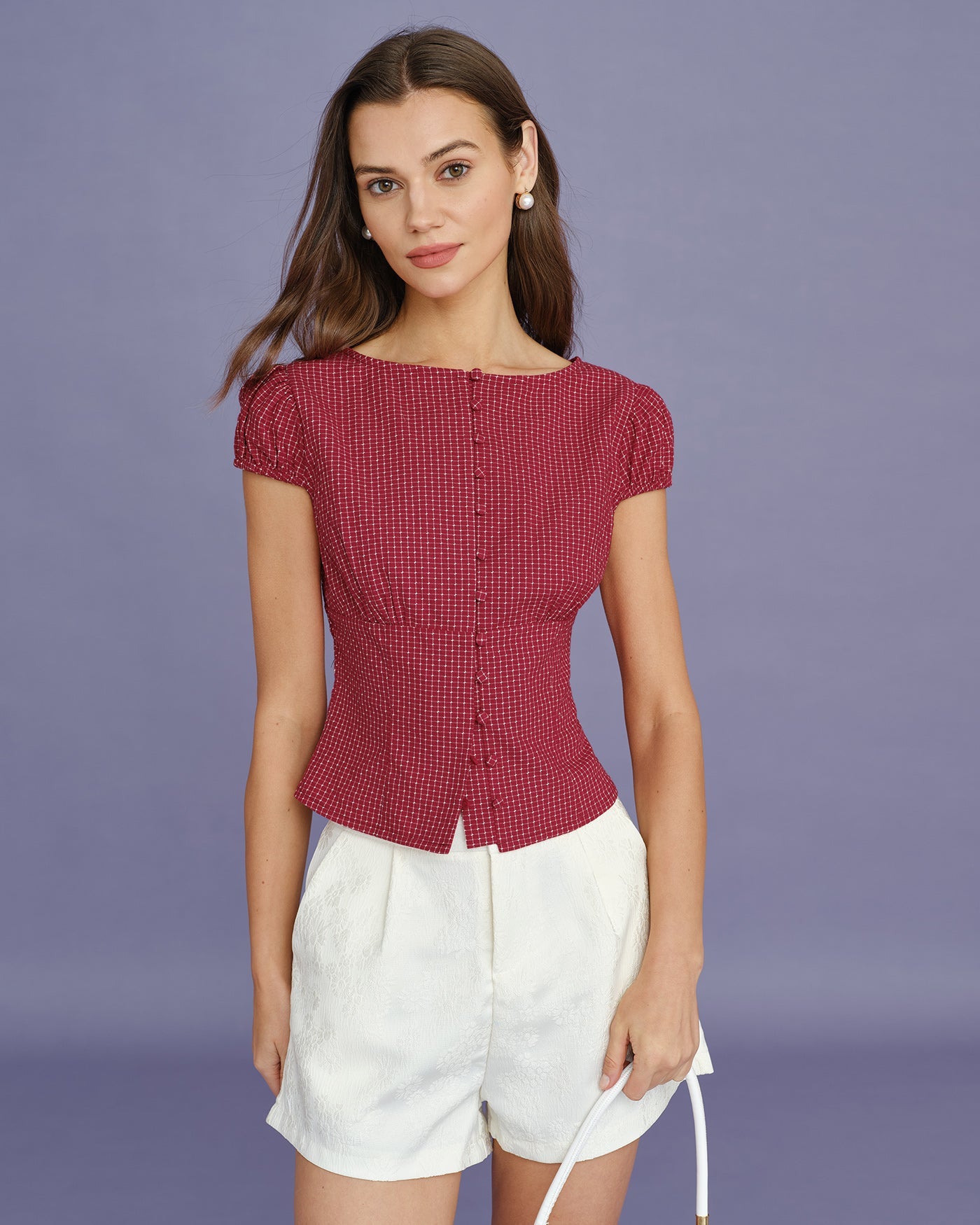 Red Boat Neck Plaid Blouse