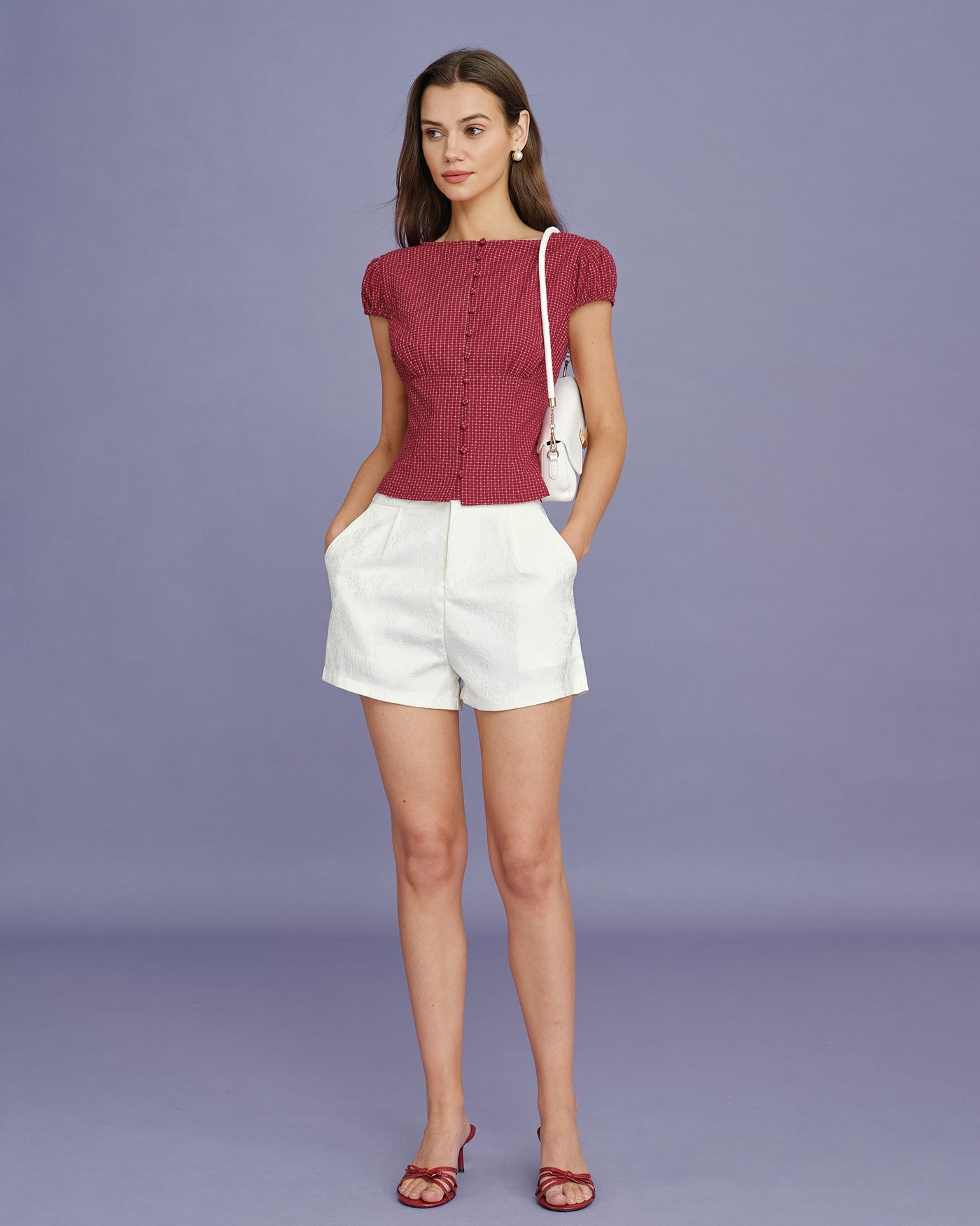 Red Boat Neck Plaid Blouse