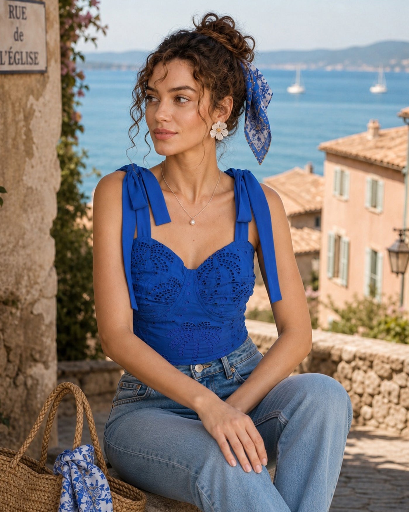 Blue Sweetheart Neck Embroidery Cami Top