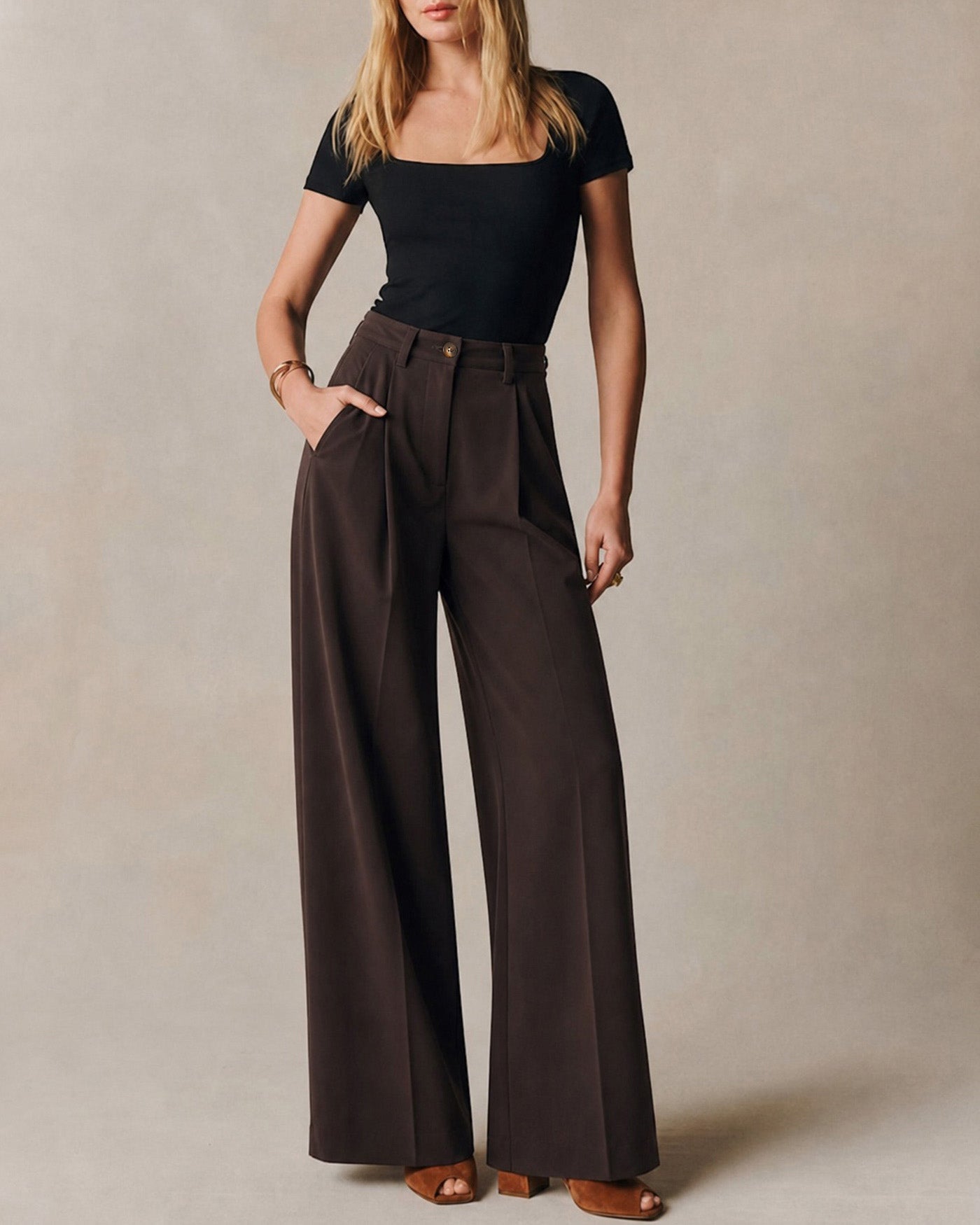 Coffee Pockets Button Straight Pants