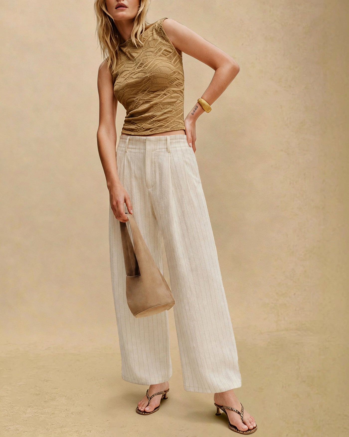 Apricot Elastic Waist Pockets Straight Pants