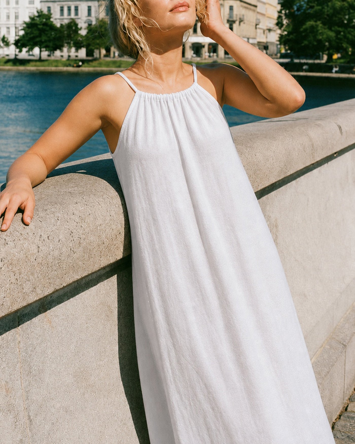 White Solid Tie Strap A-Line Maxi Dress