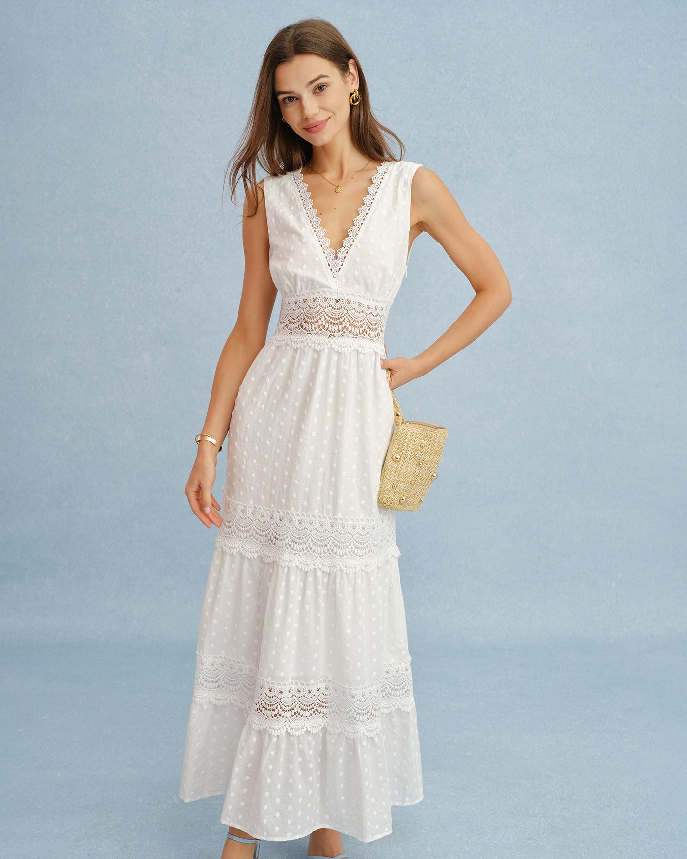 White V Neck Splicing Tie Maxi Dress