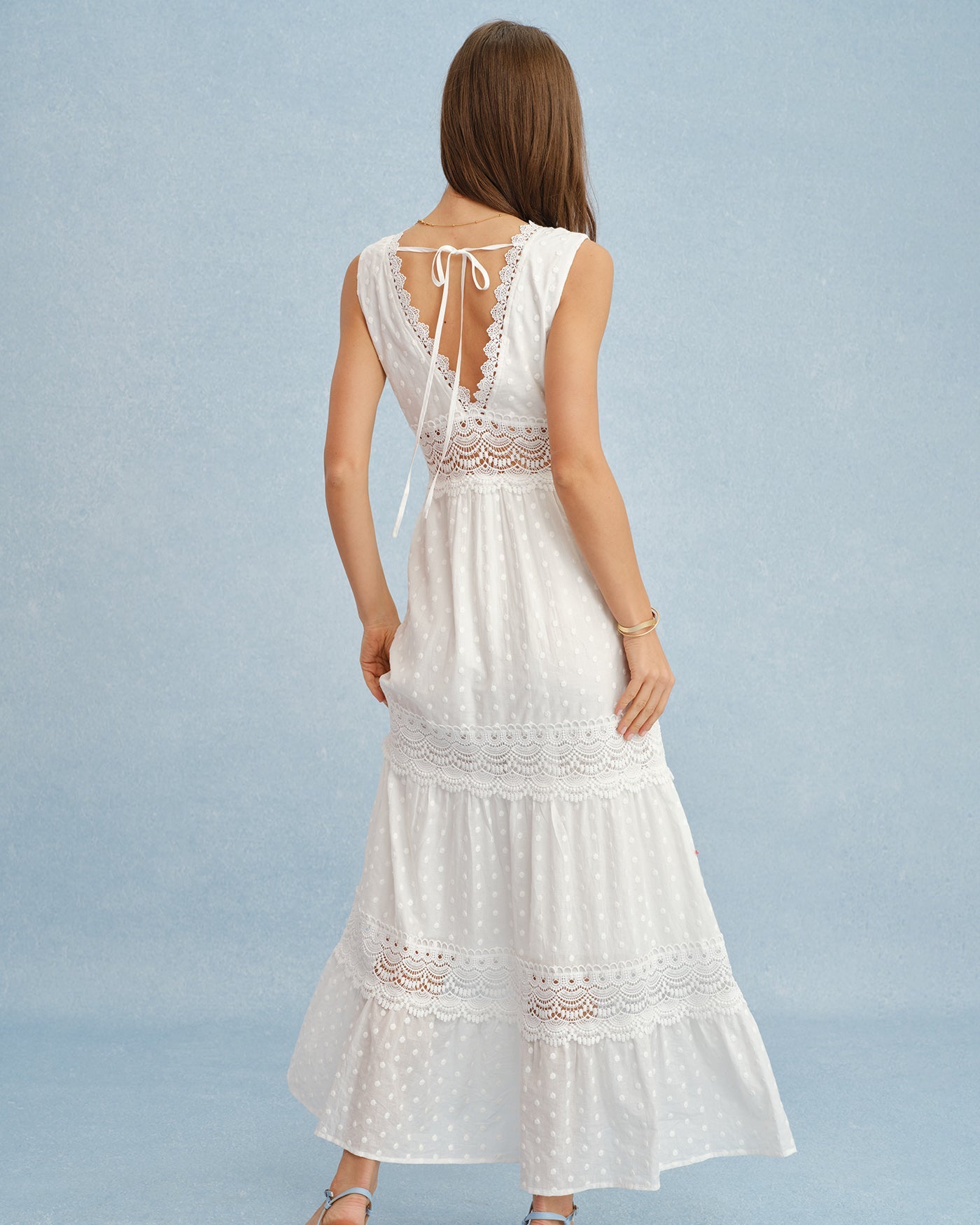 White V Neck Splicing Tie Maxi Dress