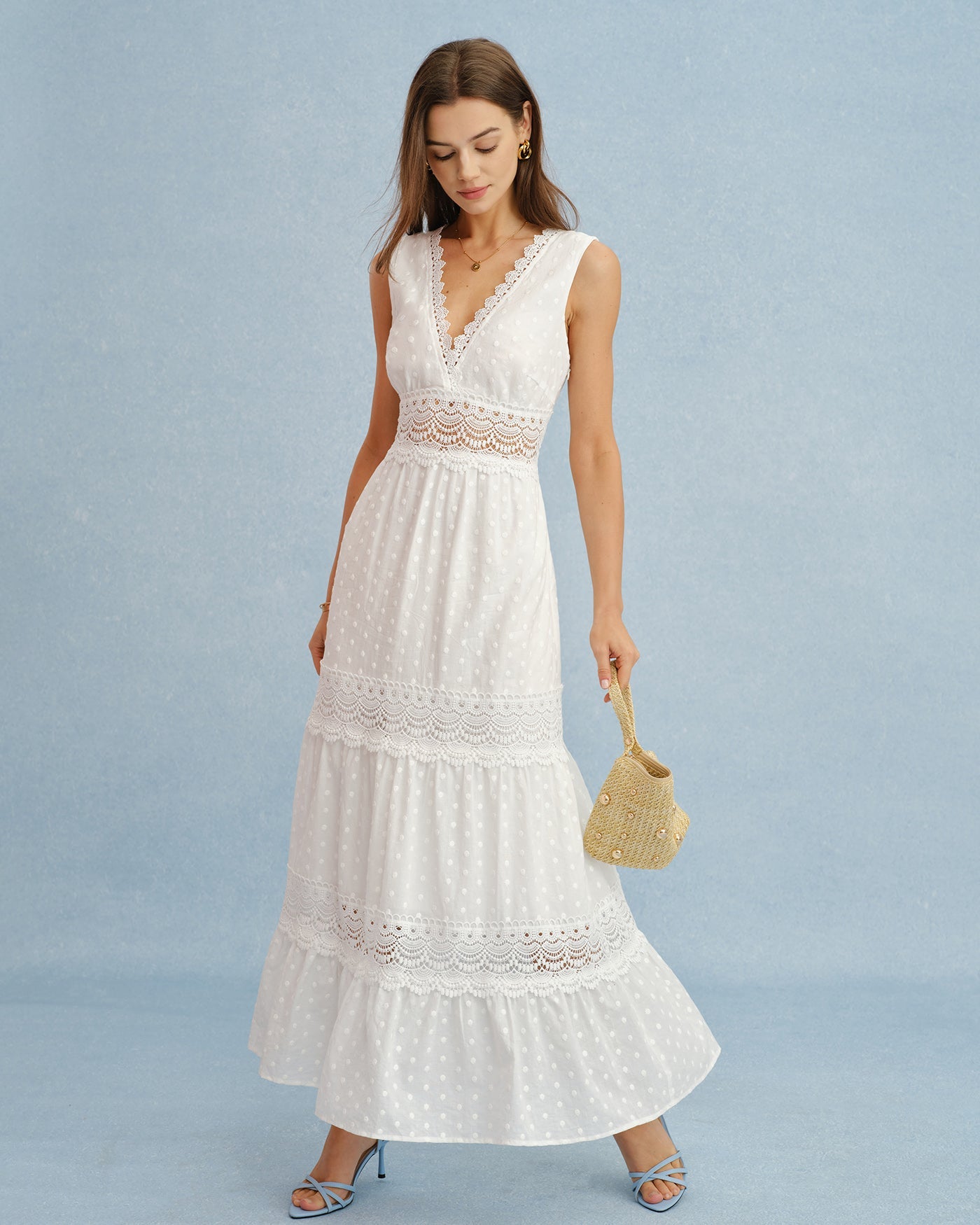 White V Neck Splicing Tie Maxi Dress