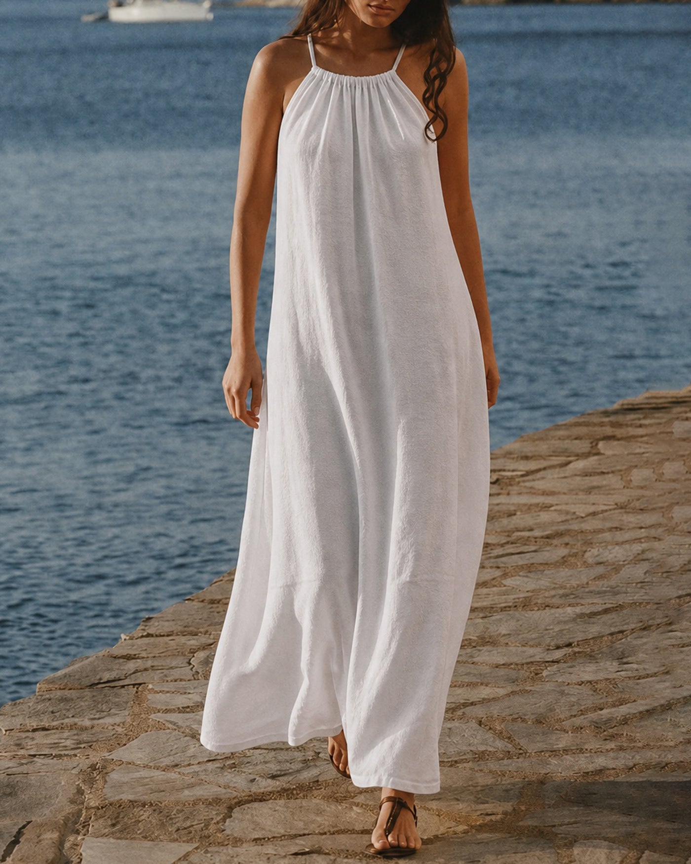 White Solid Tie Strap A-Line Maxi Dress