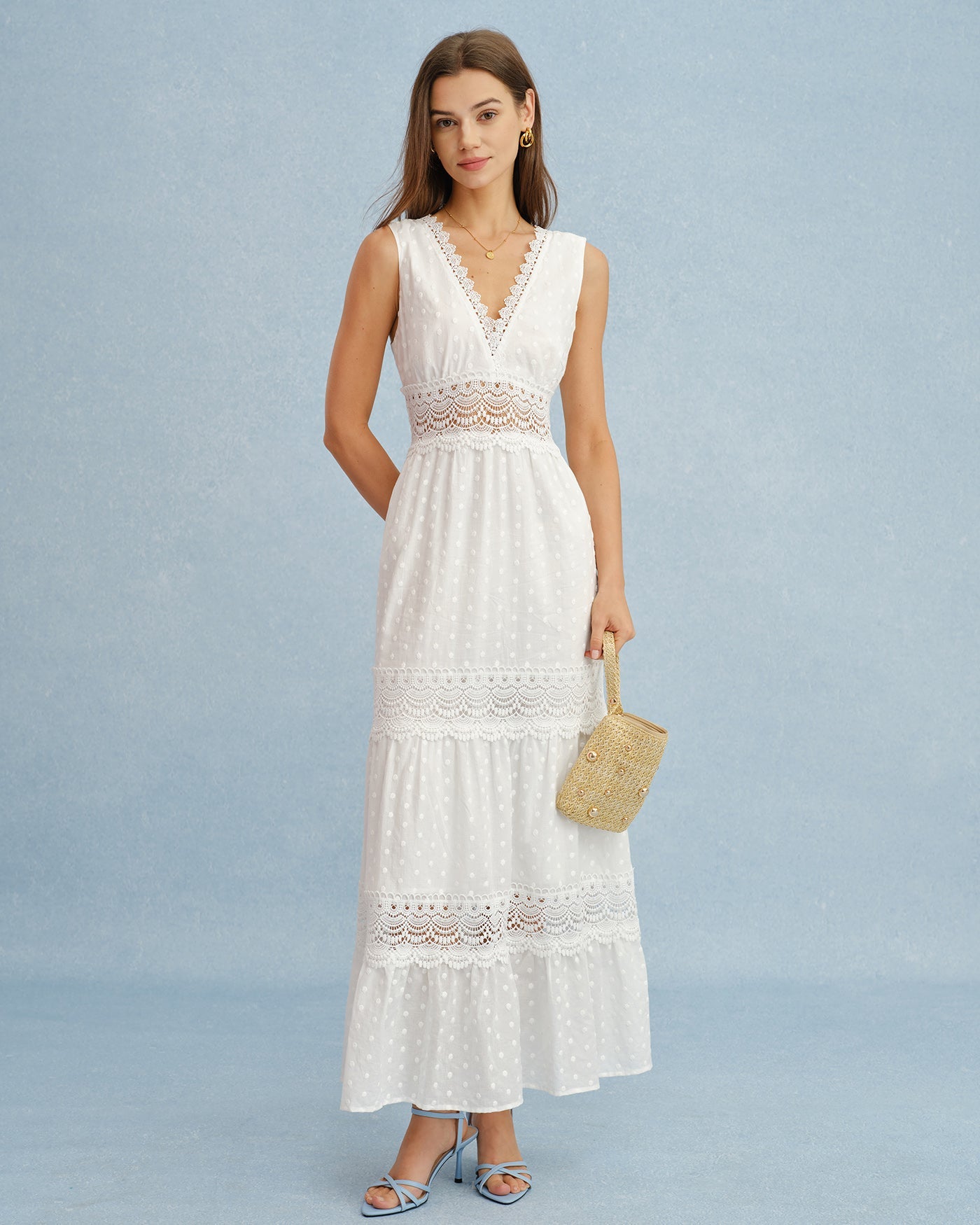 White V Neck Splicing Tie Maxi Dress