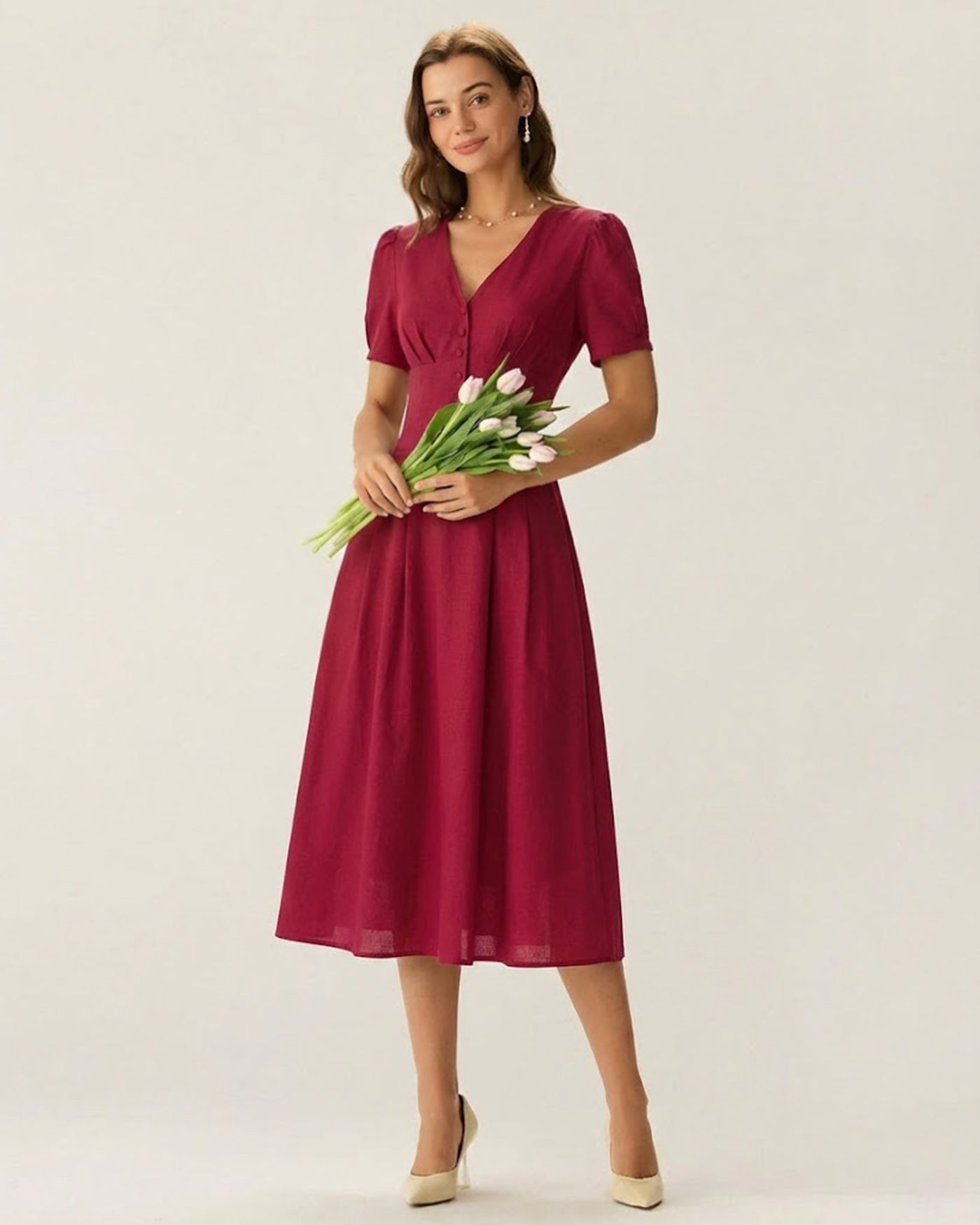 Red V Neck Midi Dress