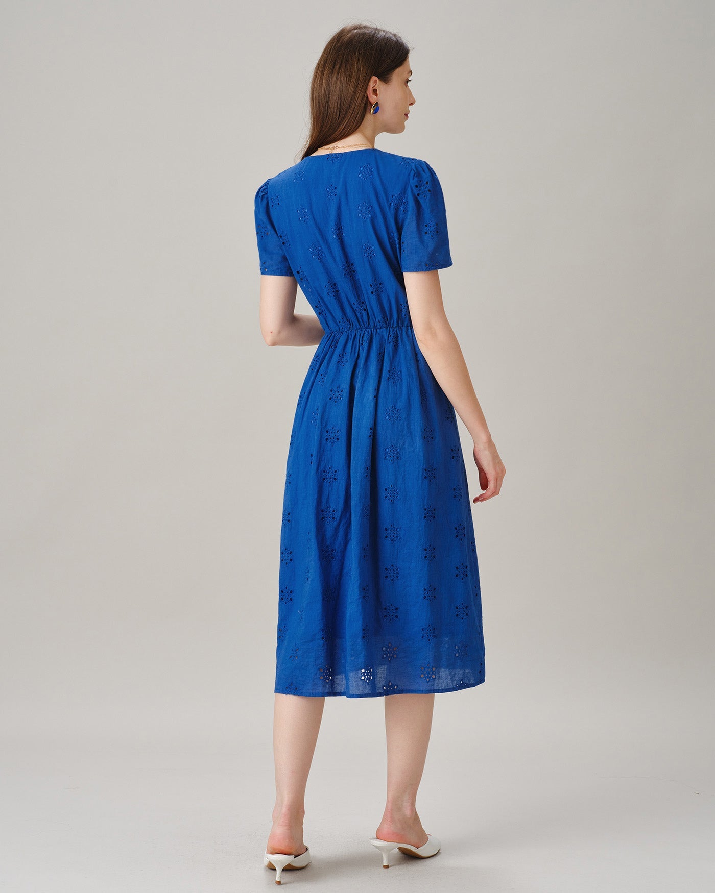 Blue V Neck Puffed Sleeve Slit Midi Dress