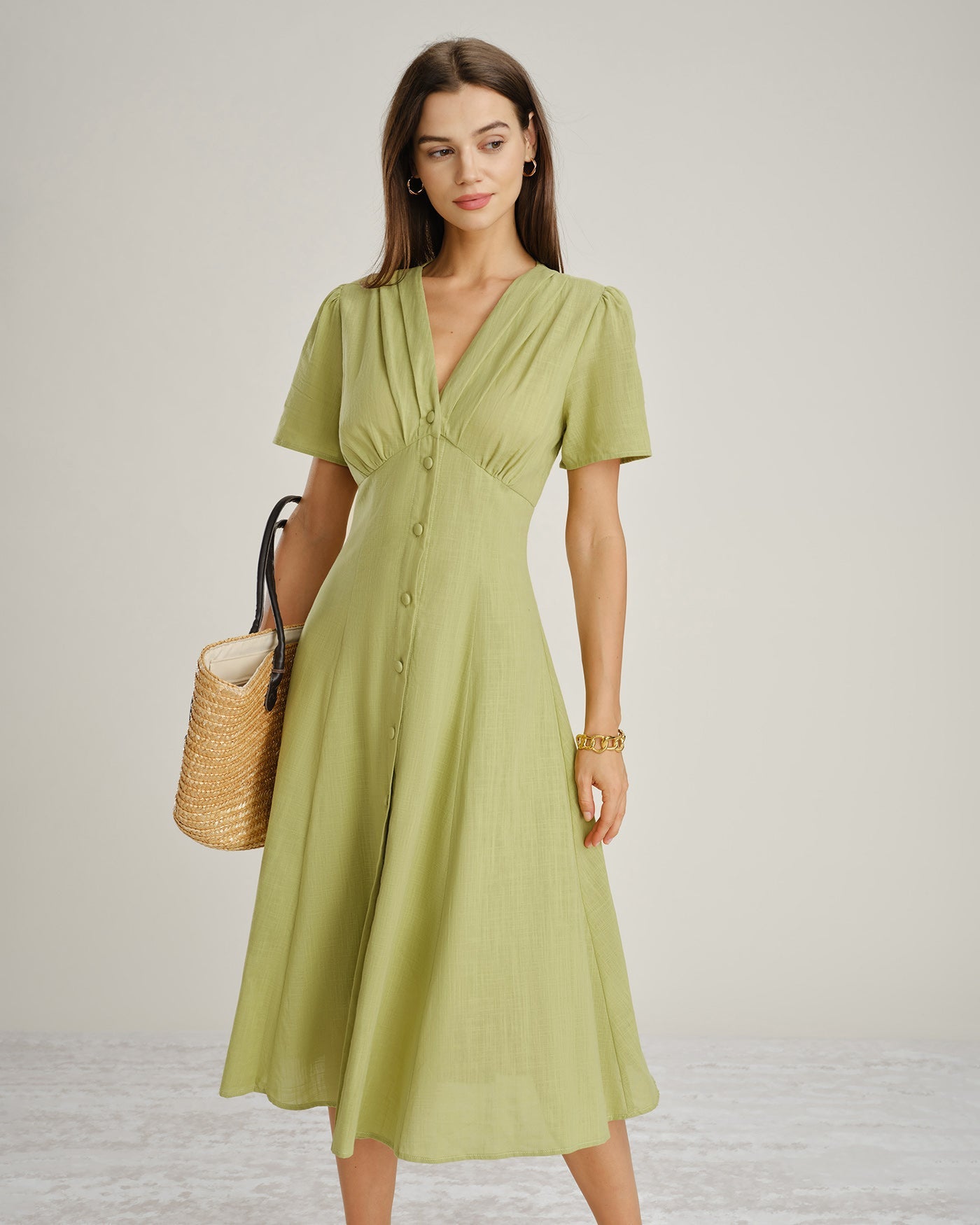 Green V Neck Button A-Line Midi Dress