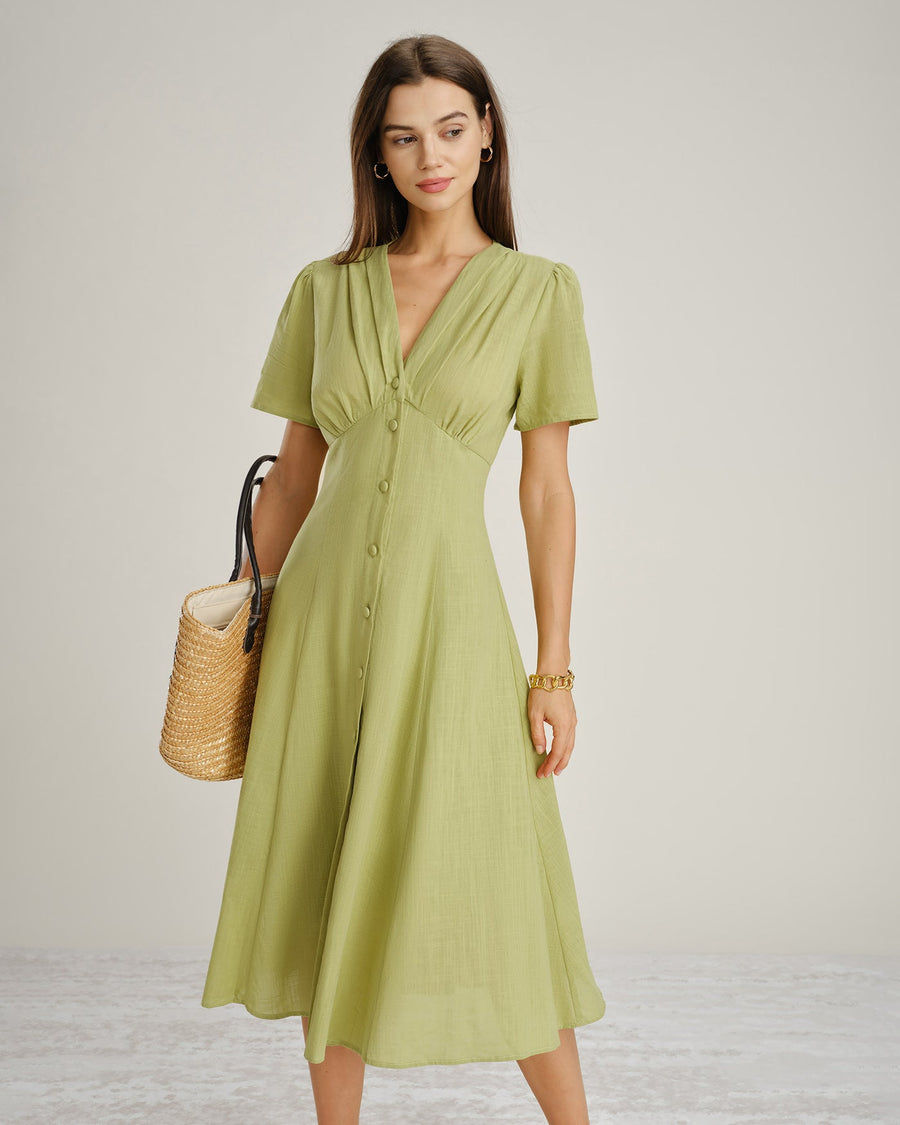 Green V Neck Button A-Line Midi Dress