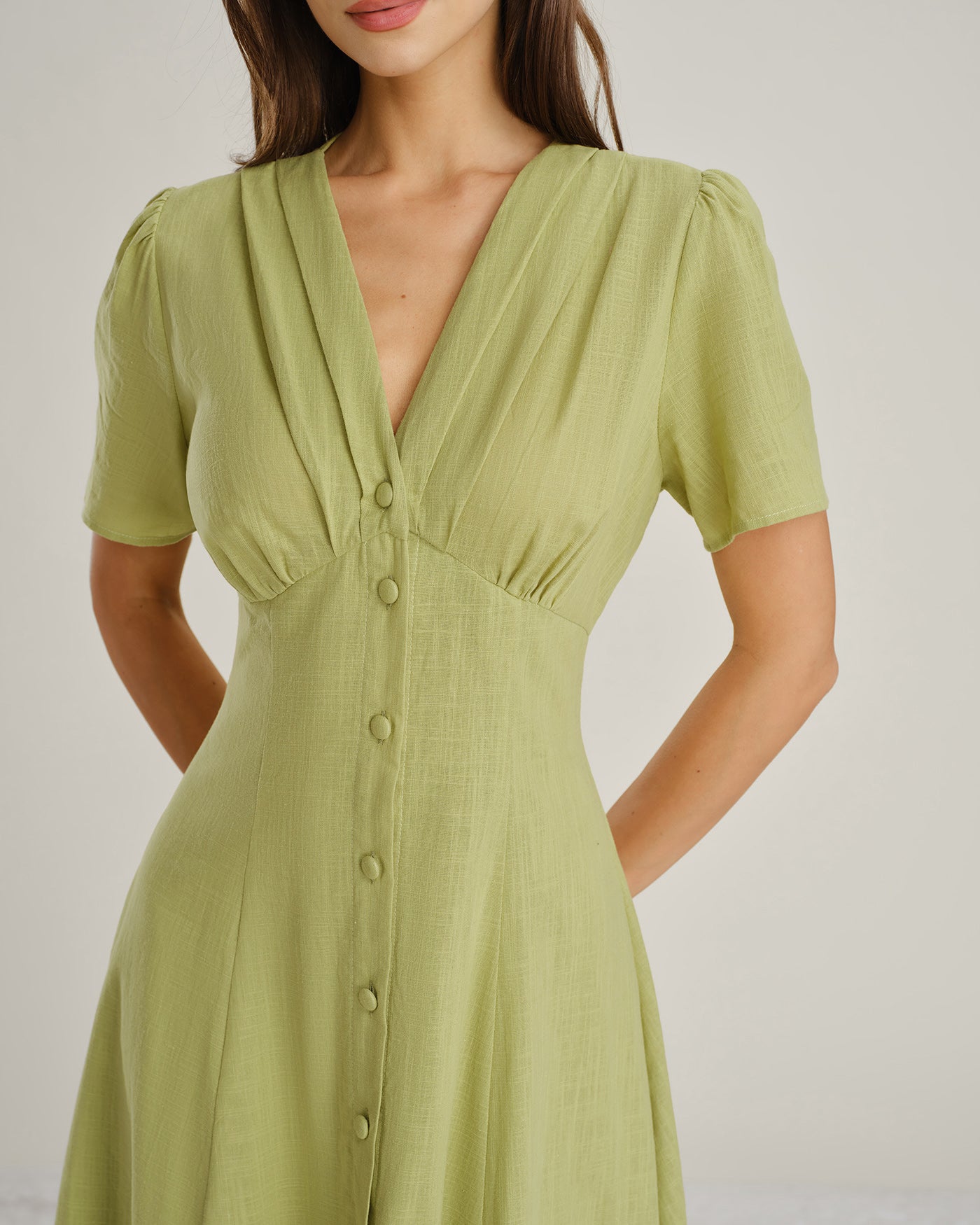 Green V Neck Button A-Line Midi Dress