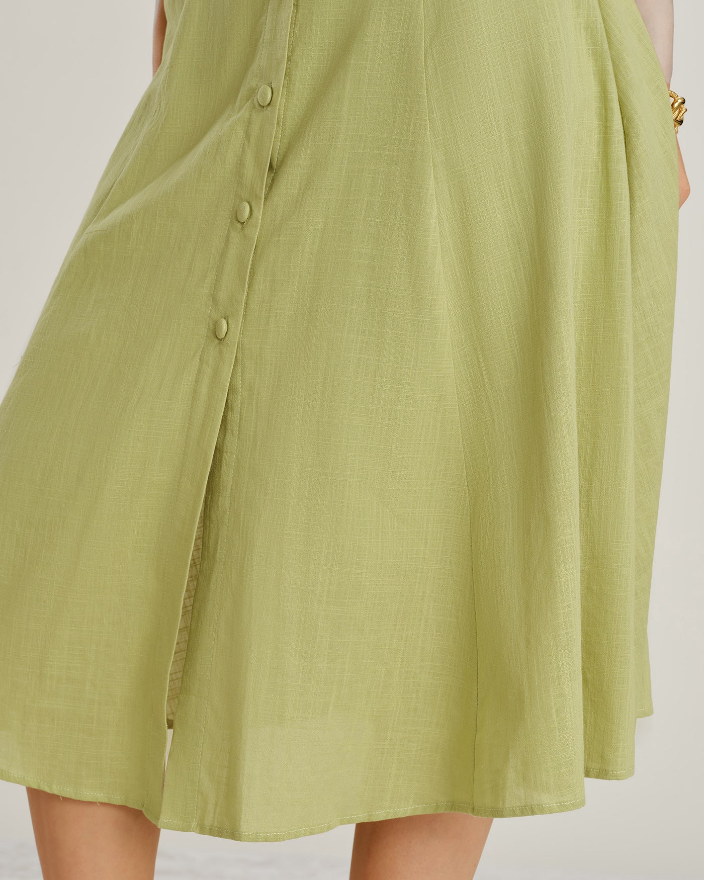 Green V Neck Button A-Line Midi Dress