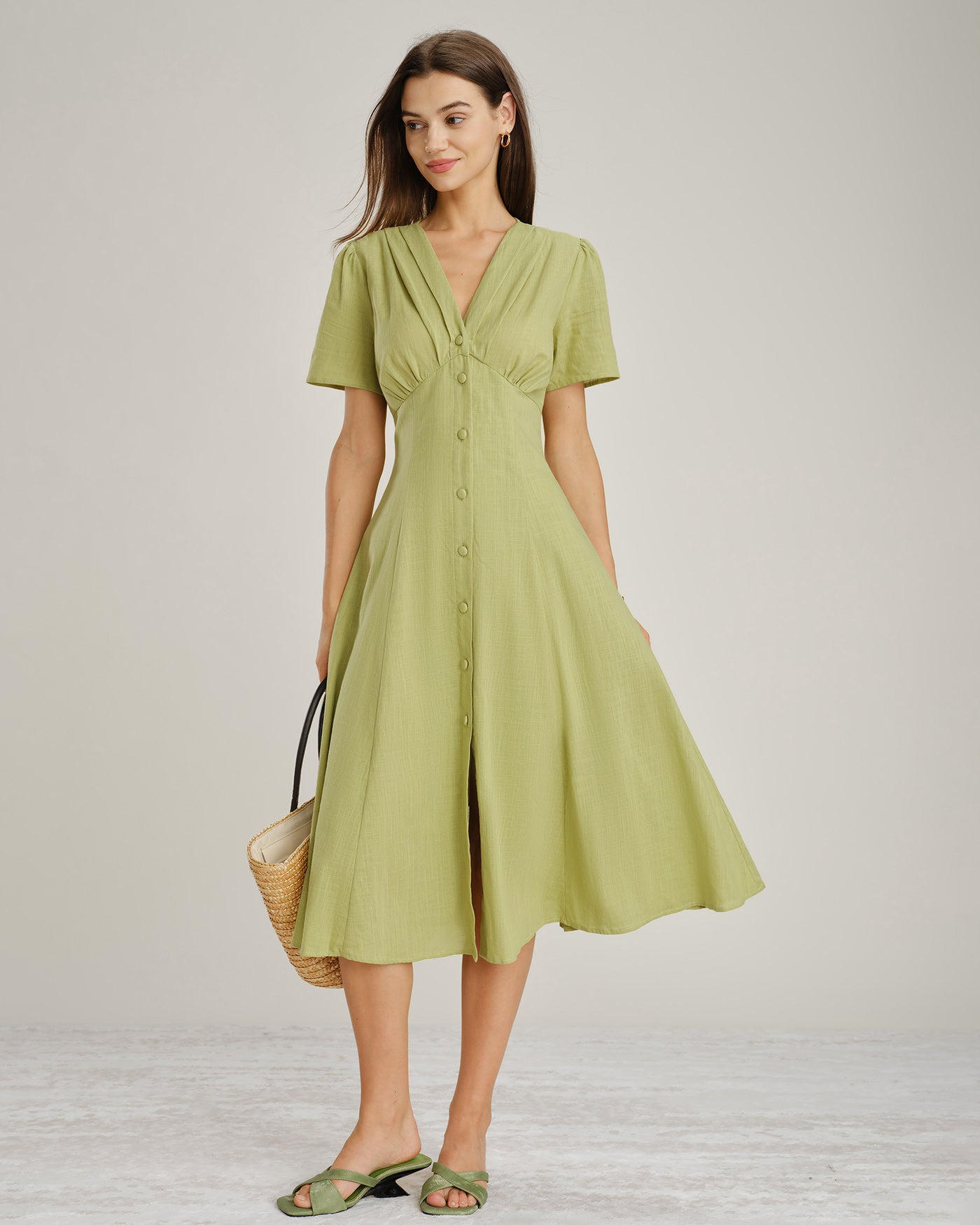 Green V Neck Button A-Line Midi Dress